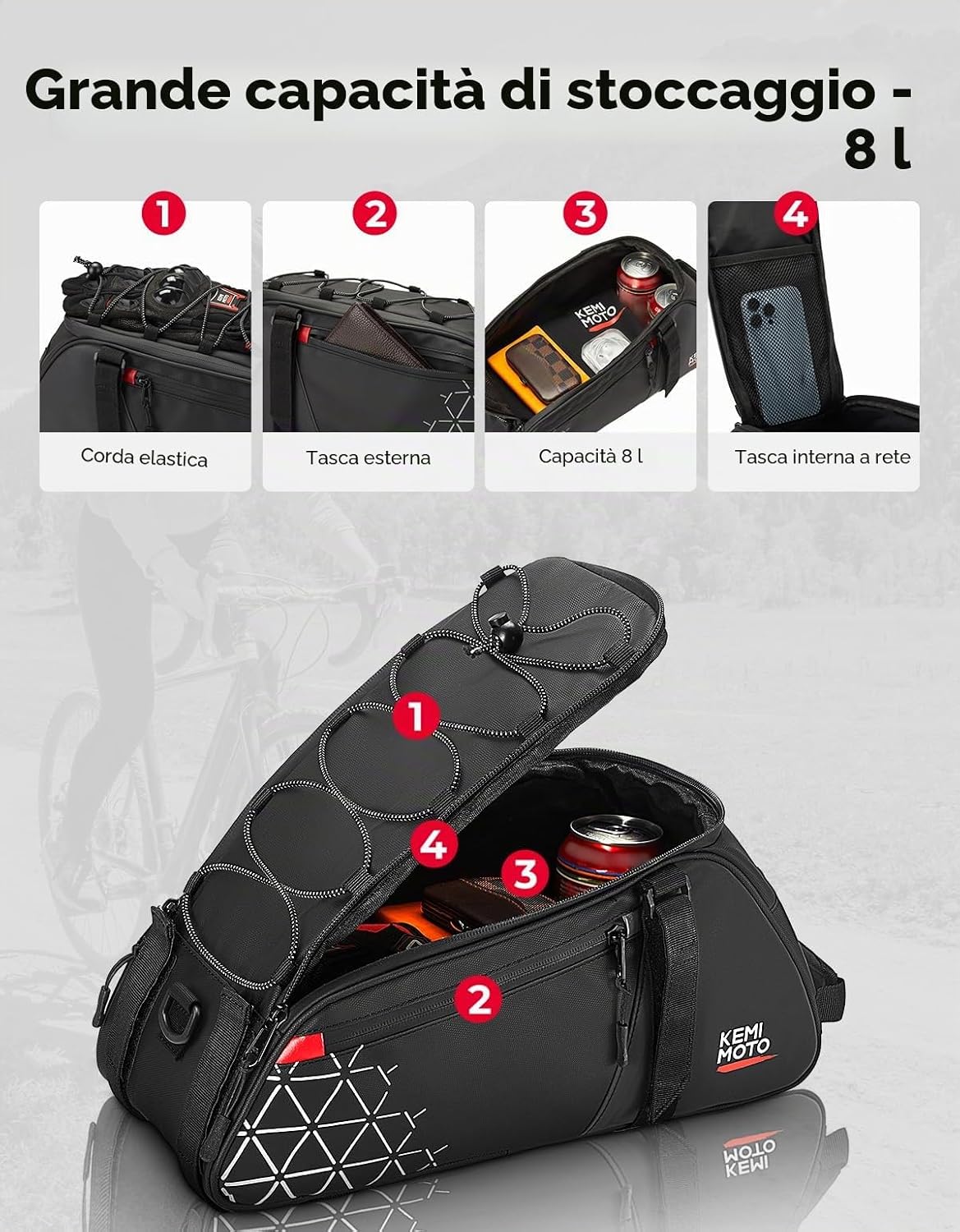 Detalle de KEMIMOTO Borse per Bici 2 in 1 da 8L: impermeabile, versatile e facile da montare