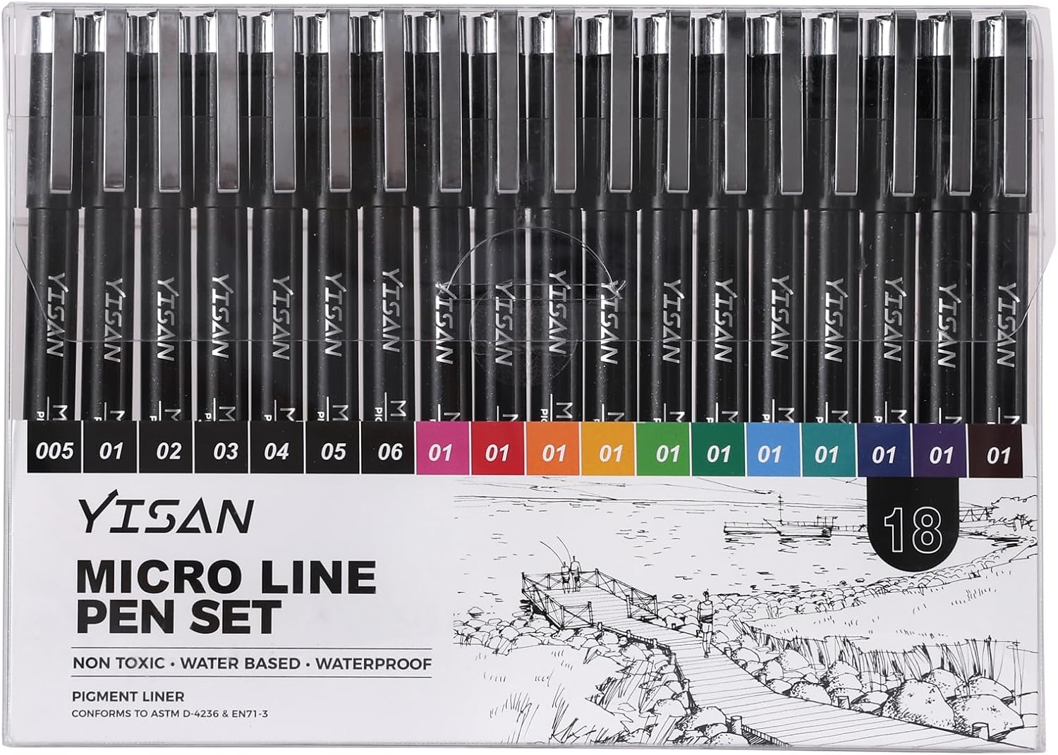 Detalle 2 de YISAN 18-teiliges Fineliner-Set (schwarz & bunt) mit 0,25-mm-Mikrospitzen für Skizzen, Manga & technisches Zeichnen