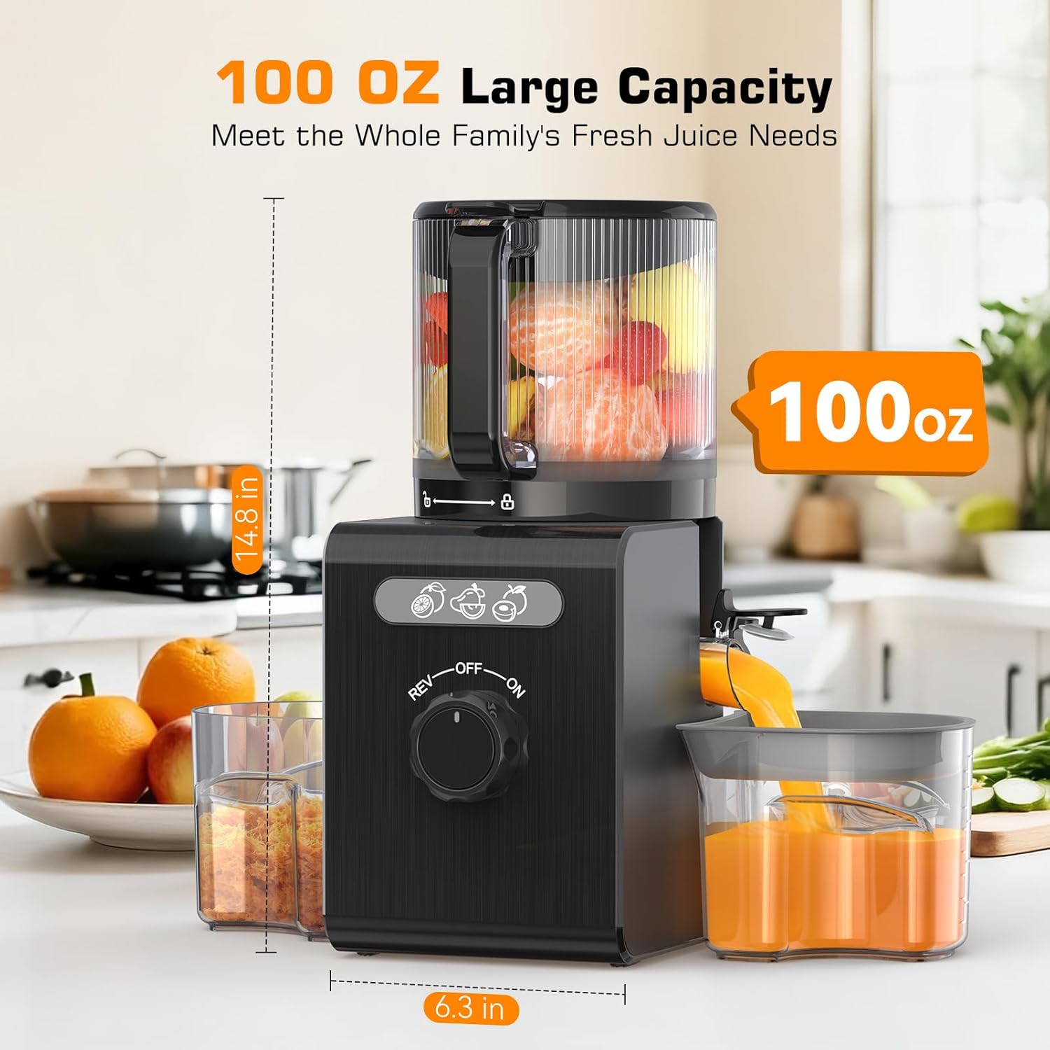 Detalle de Cold Press Juicer Machine with 6.5" Large Feed Chute (Black) — Auto-Feed for Whole Fruits & Vegetables