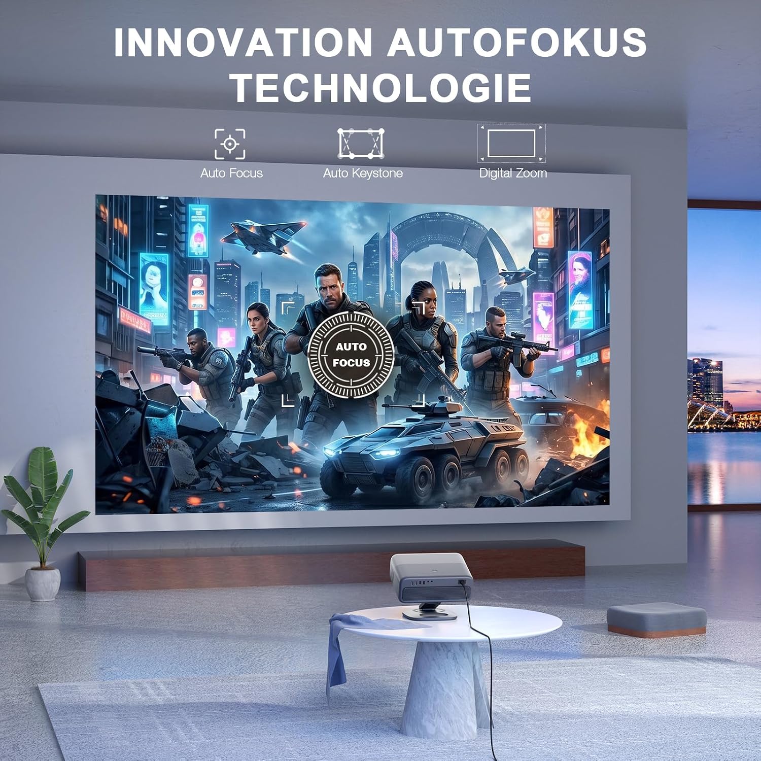 Detalle de Smart Beamer 4K VISSP 4200 ANSI – Netflix-fähig, Dolby Audio, Autofokus und 360° Stativ