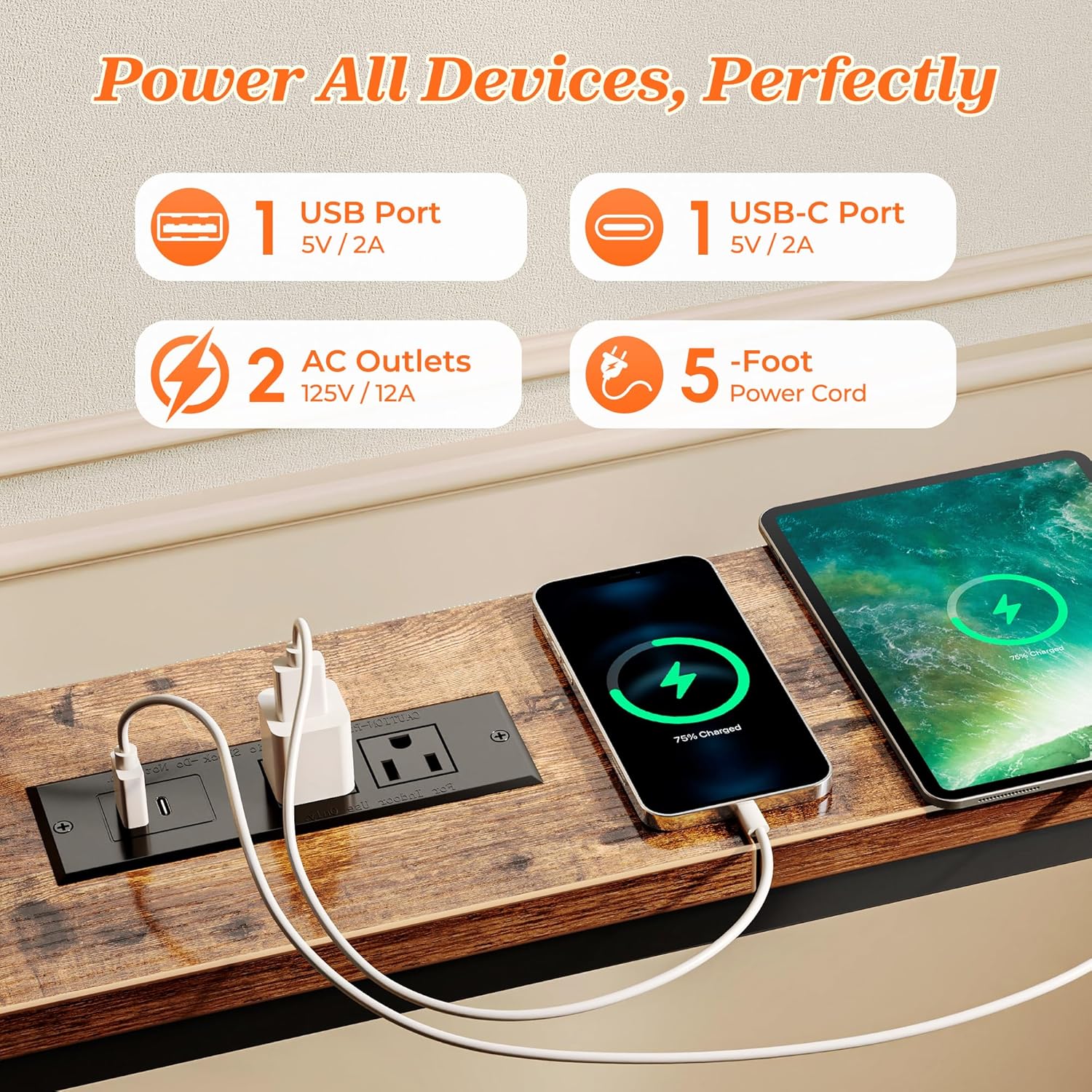 Detalle de SUPERJARE 79 Inch Sofa Table with 2 Power Outlets, USB-C Ports & Narrow Storage Console (Rustic Brown)