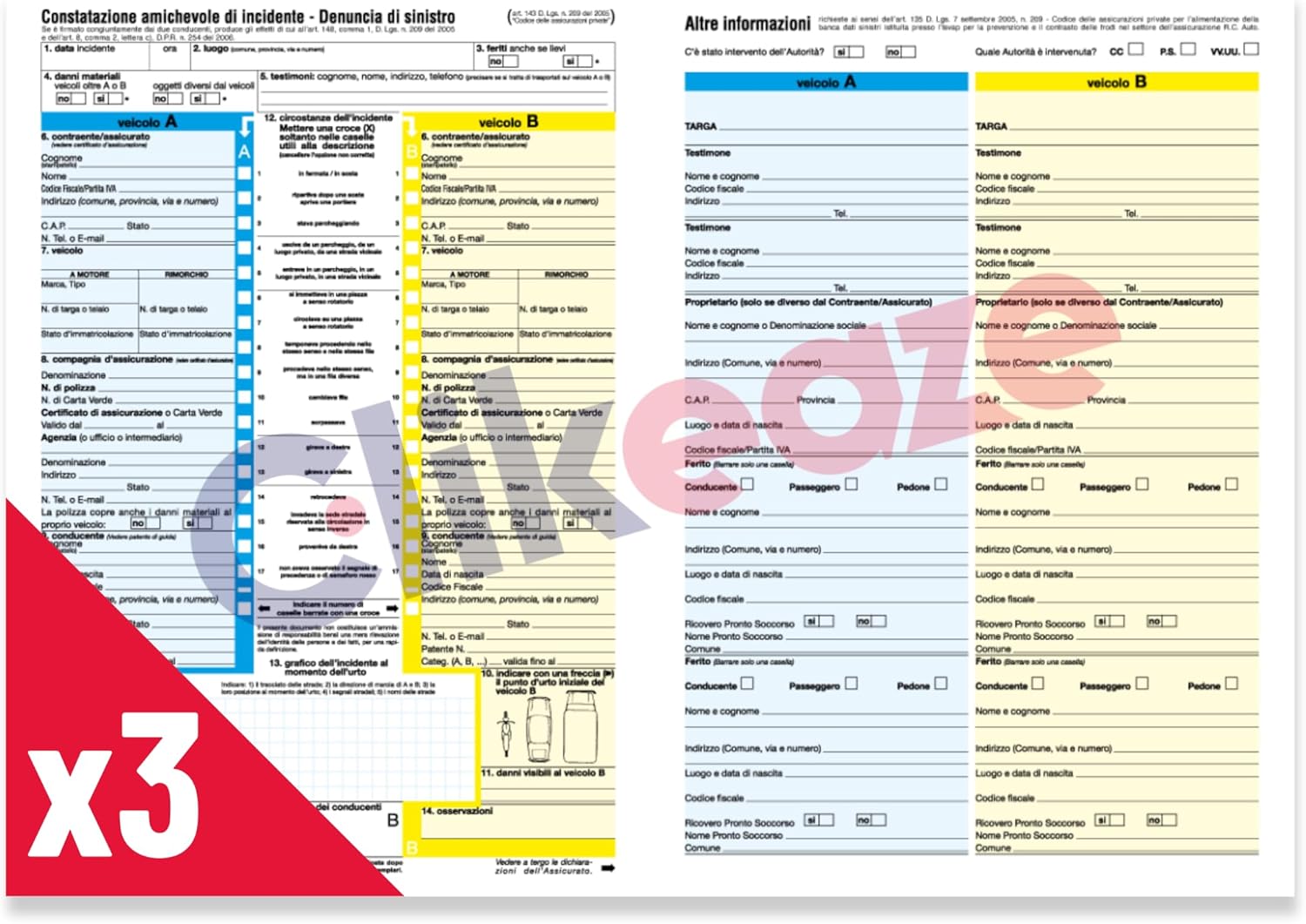 Detalle de Clikeaze Constatazione Amichevole di Incidente CAI – x3 Moduli, 4 Copie Autoricalcanti ciascuno