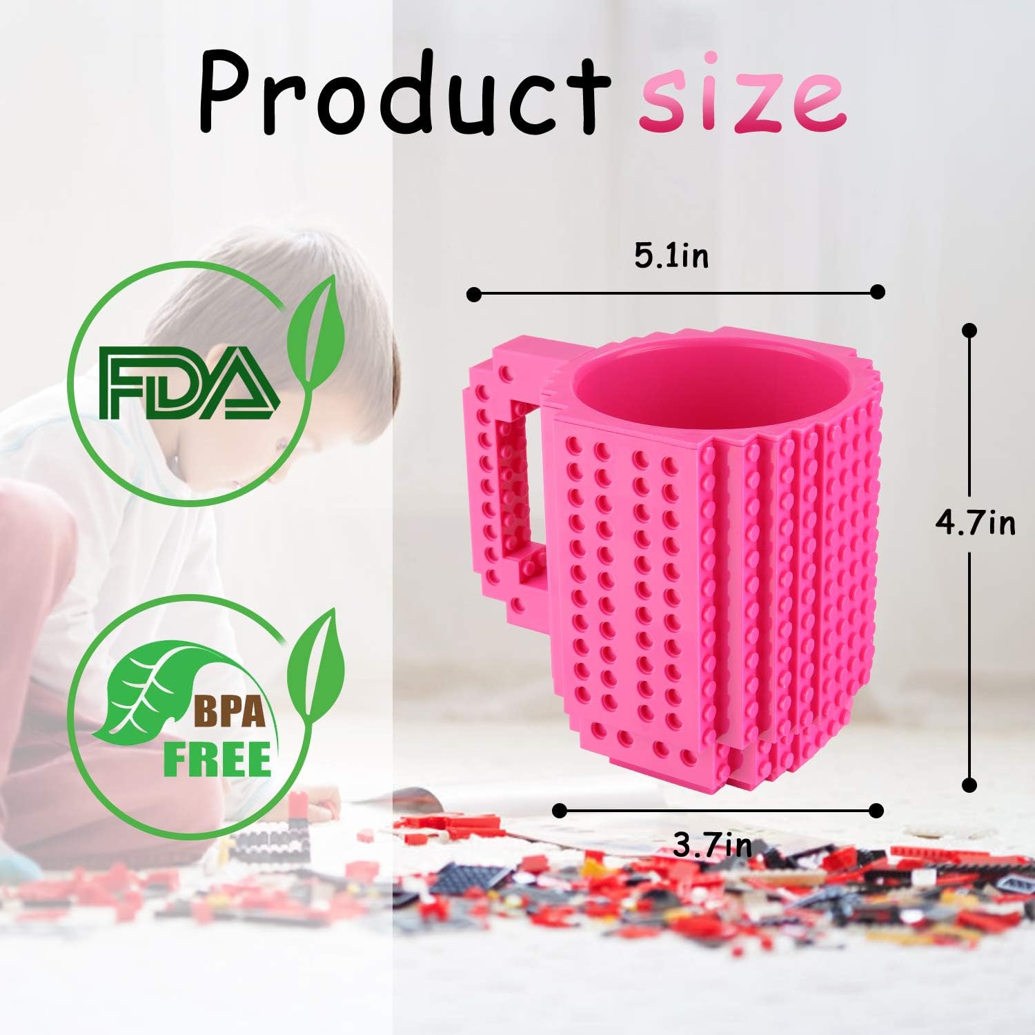 Detalle de Sinnsally MKB771 Build-On Brick Mug, Pink, 450 ml, Building-Block Surface