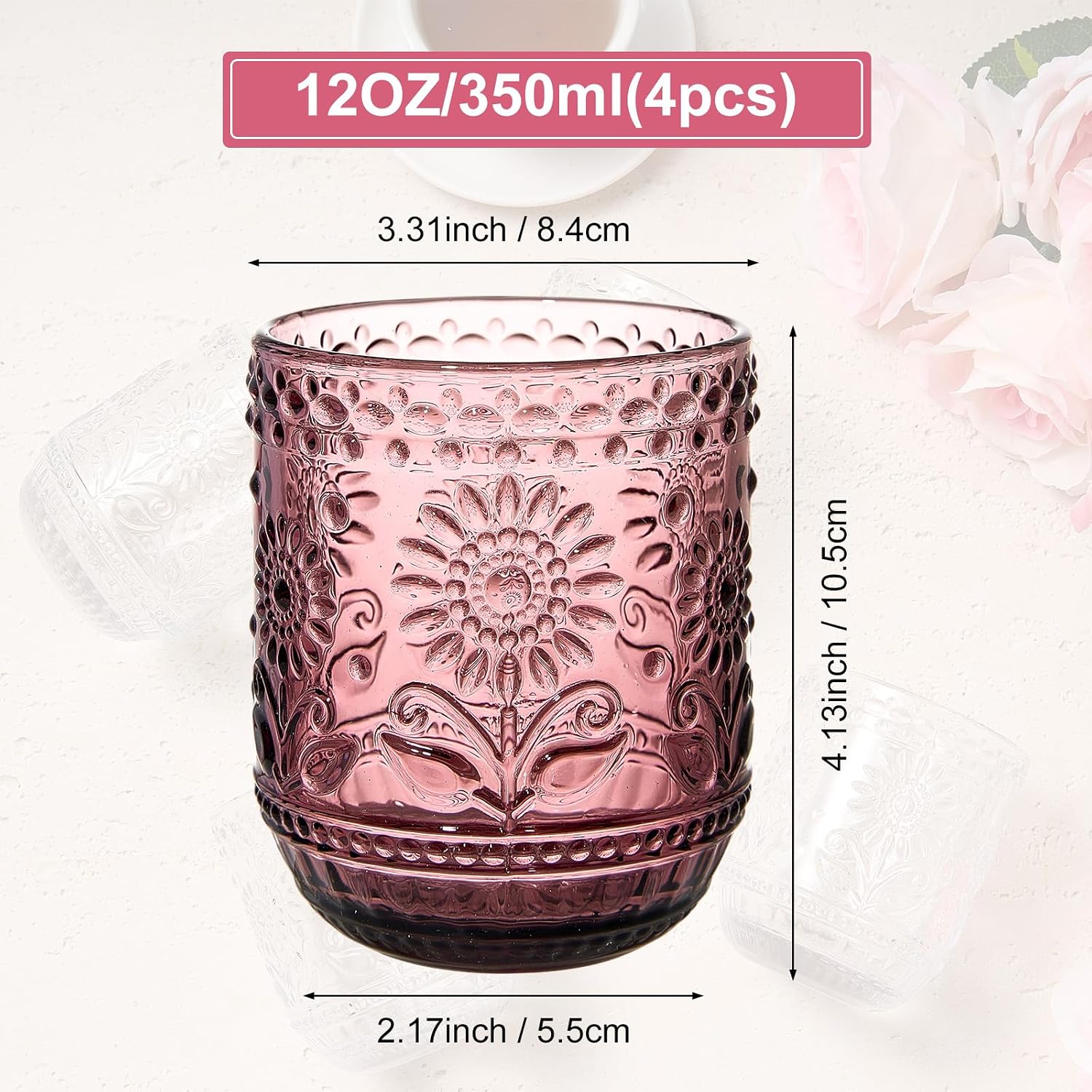 Detalle de MYQYBRO Vintage Glassware: 4-Pack 12oz Embossed Floral Drinking Glasses