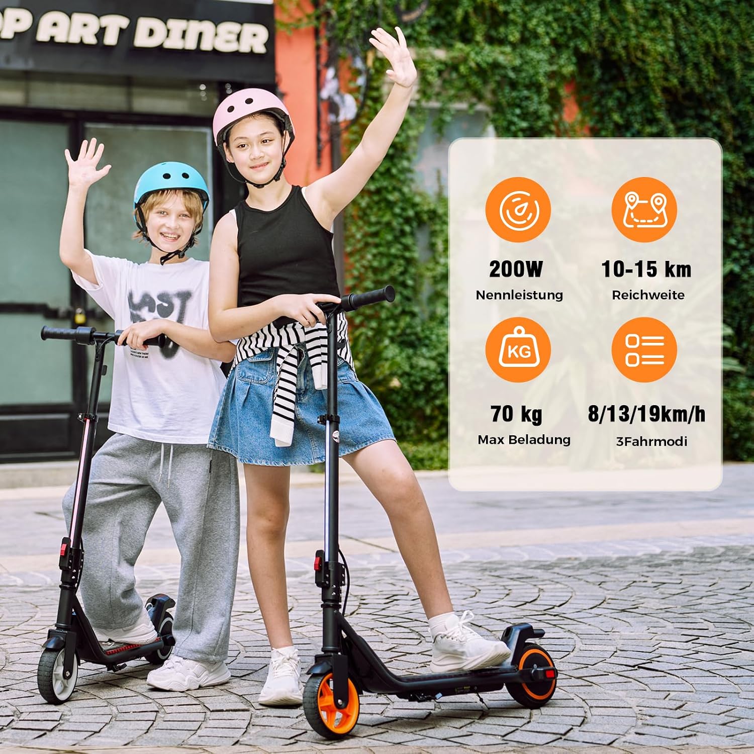 Detalle 2 de iScooter Kinder E Scooter mit Musik & Licht – 200 W, verstellbarer Lenker, 8–14 Jahre, bis zu 15 km Reichweite