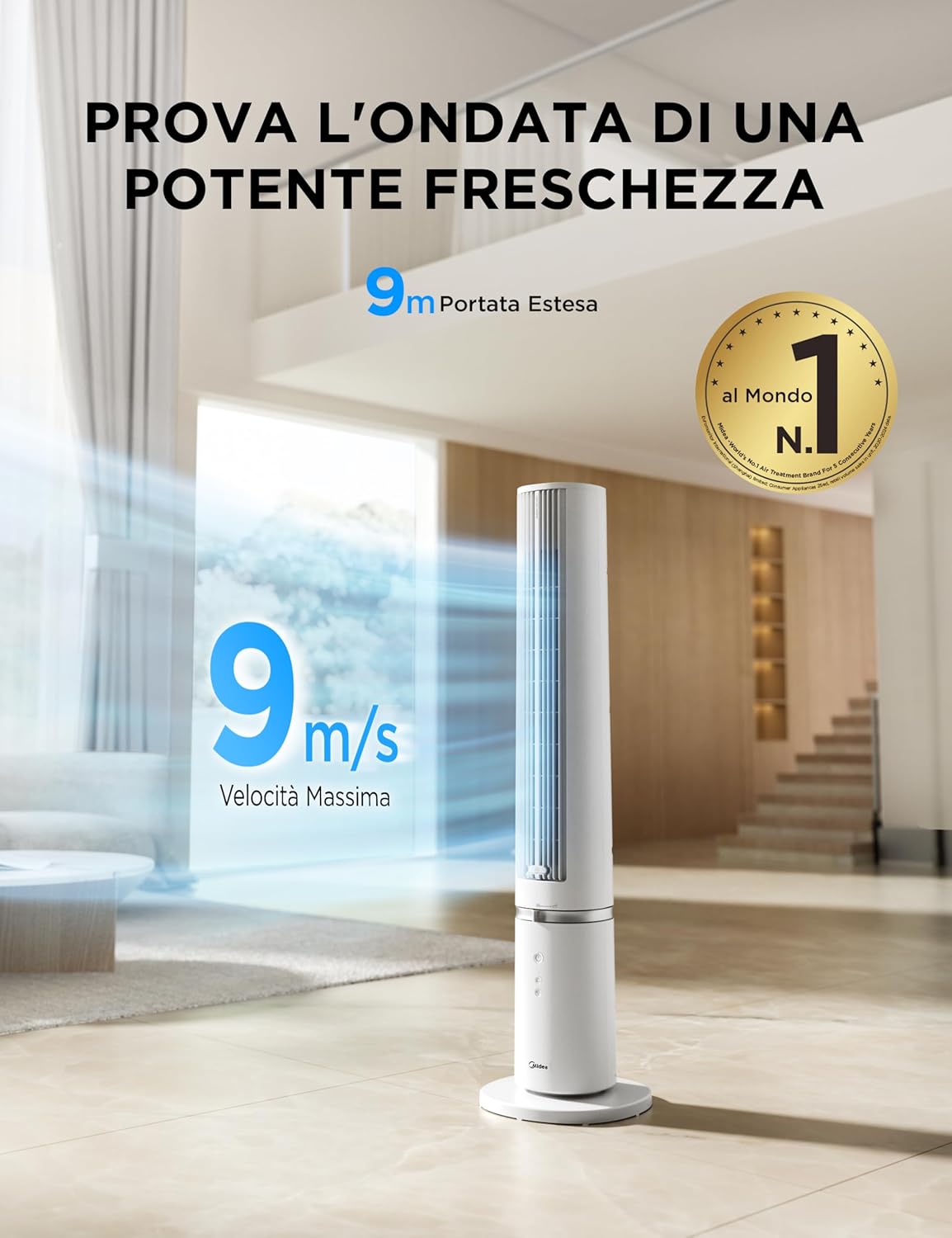 Thumbnail 1 de Midea MTF25FRG ventilatore a torre silenzioso con telecomando, 9 m/s e oscillazione 90°
