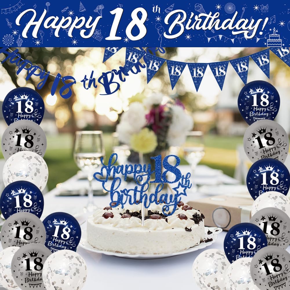 Detalle 2 de Yontree 18th Birthday Decorations – Blue & Silver Banners, Triangle Flags, Cake Toppers & More for Him