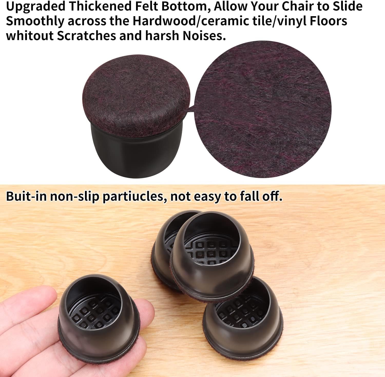 Detalle 2 de 32 PCS Small Black Silicone Chair Leg Floor Protectors with Wrapped Felt (Round, Fit 0.75–1")