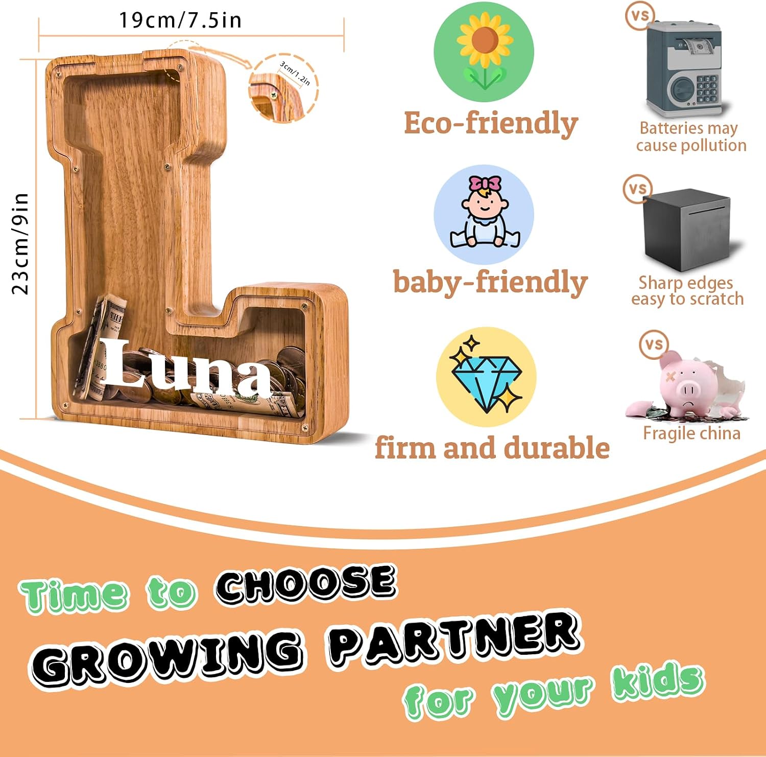 Thumbnail 4 de JOOMLAFLY Wooden Letter Piggy Bank: Large, Personalized Initial Coin Bank for Kids