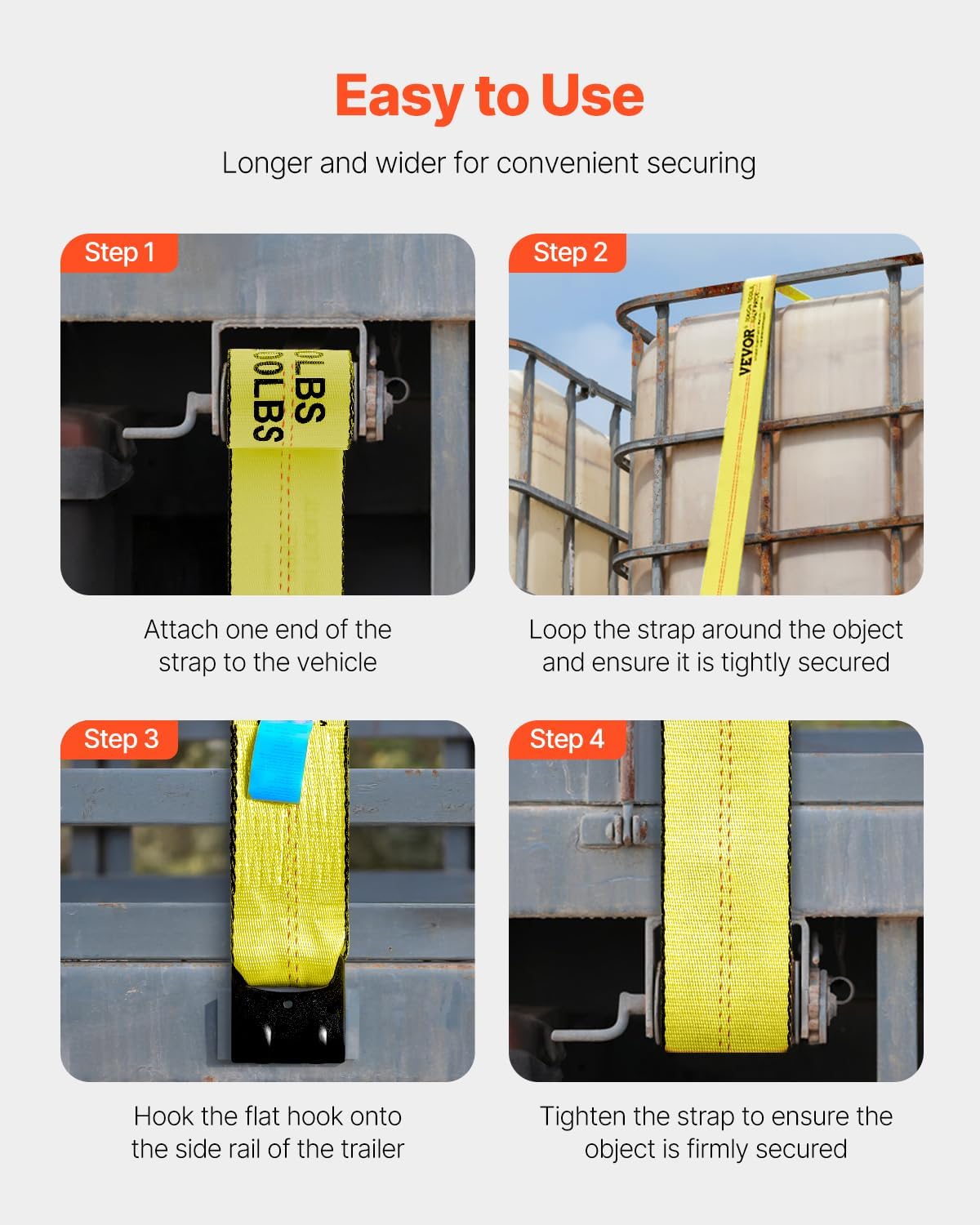 Detalle de VEVOR Sangle de Treuil – Lot de 10, 10,2 cm x 9,1 m, Capacité de Charge 2,7 T, Rupture 8,2 T, Jaune