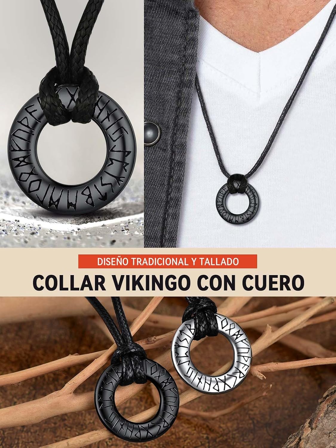 Thumbnail 1 de FaithHeart Collar Vikingo con runas en acero inoxidable 316L (negro, círculo pequeño) para hombre y mujer