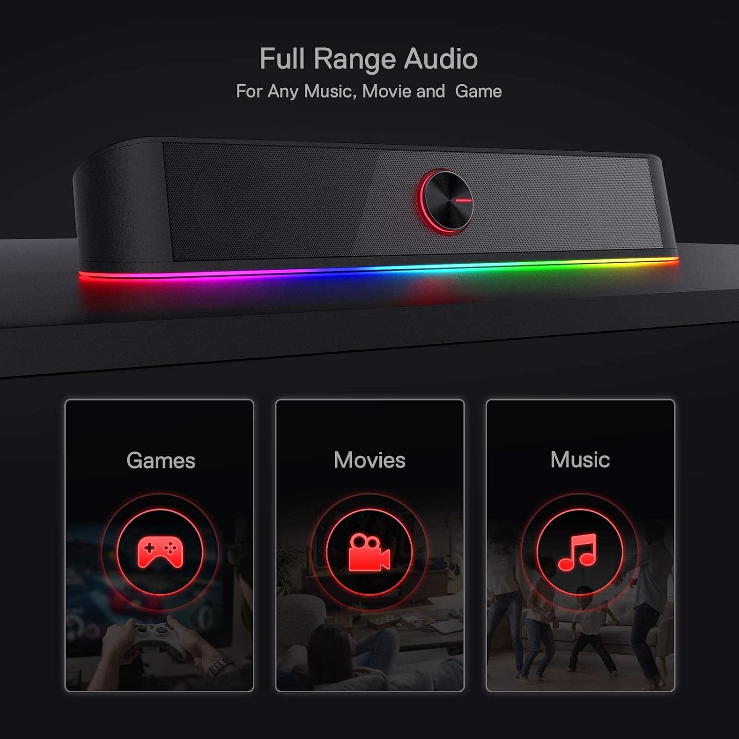 Detalle de Redragon GS560 Adiemus RGB Desktop Soundbar (2.0) – USB-powered PC speaker with audio-light sync