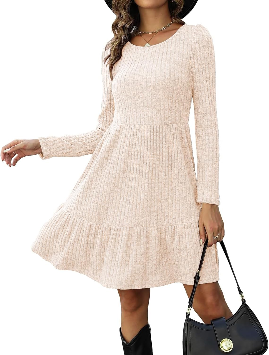 Detalle de Zetieny Strickkleid Damen Langarm – Elegantes A-Linien-Strickkleid mit Hochtaillierte Taille