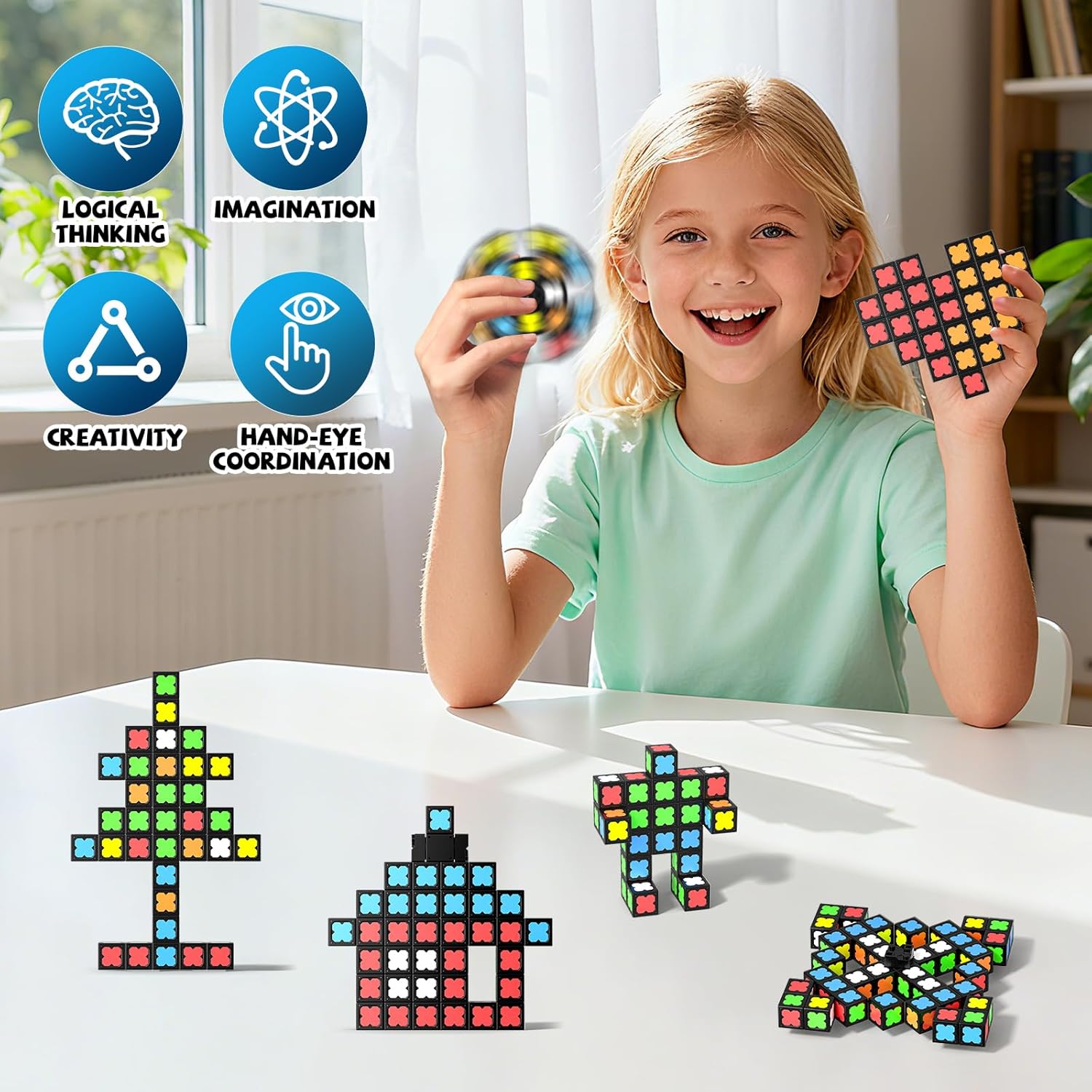 Thumbnail 1 de Magnetic Fidget Toy with 36 Glow-in-the-Dark Blocks (LED) – DIY Magnetic Spin Top Sensory STEM Toy