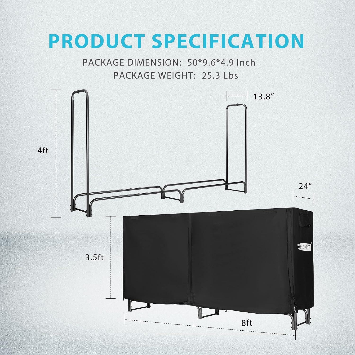 Detalle 1 de VIVOHOME VH424 8 ft Firewood Rack with Zippered Cover, Steel Frame