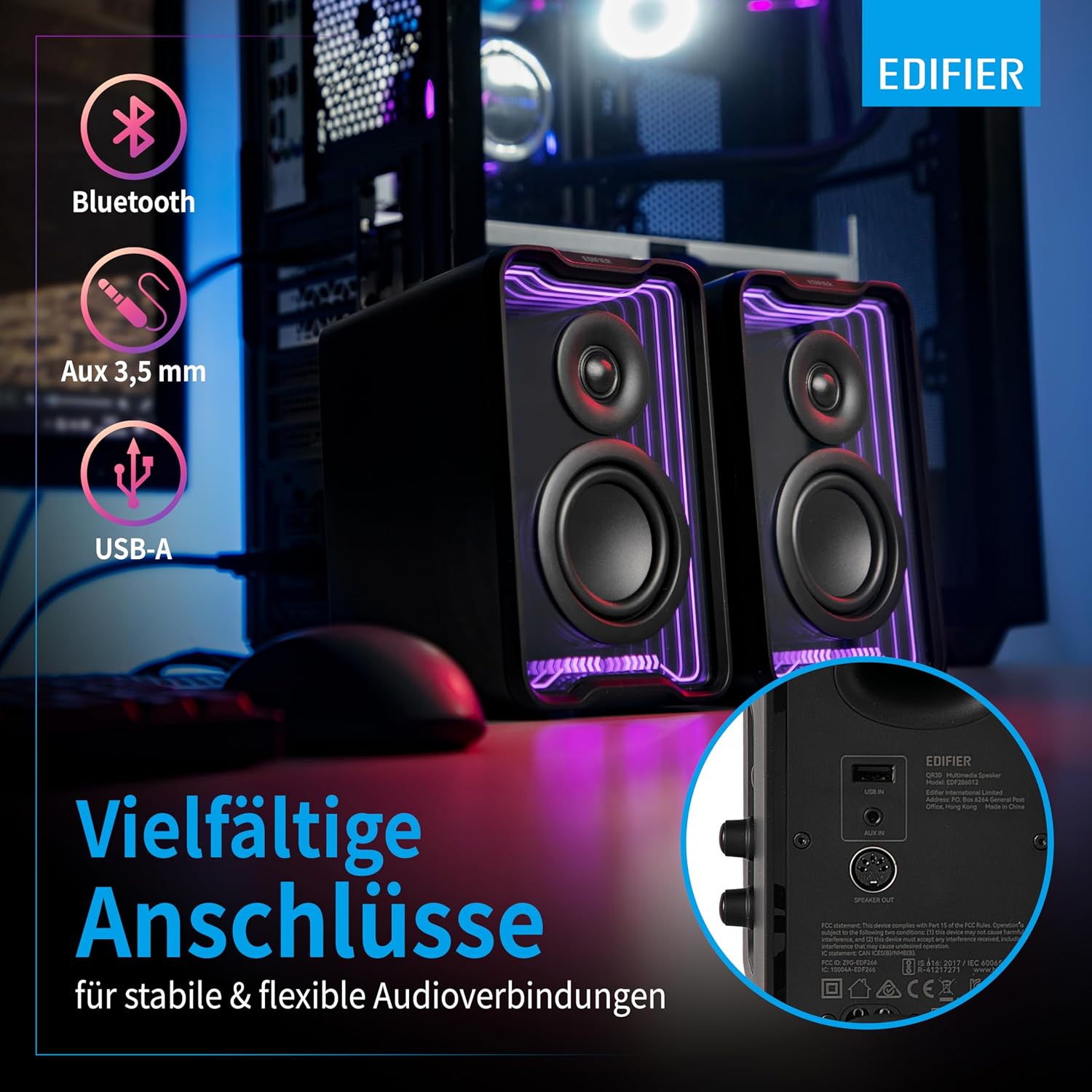 Detalle de Edifier QR30: Aktiver Desktop‑Lautsprecher mit Bluetooth 5.4, 30 W RMS, dynamische Lichteffekte
