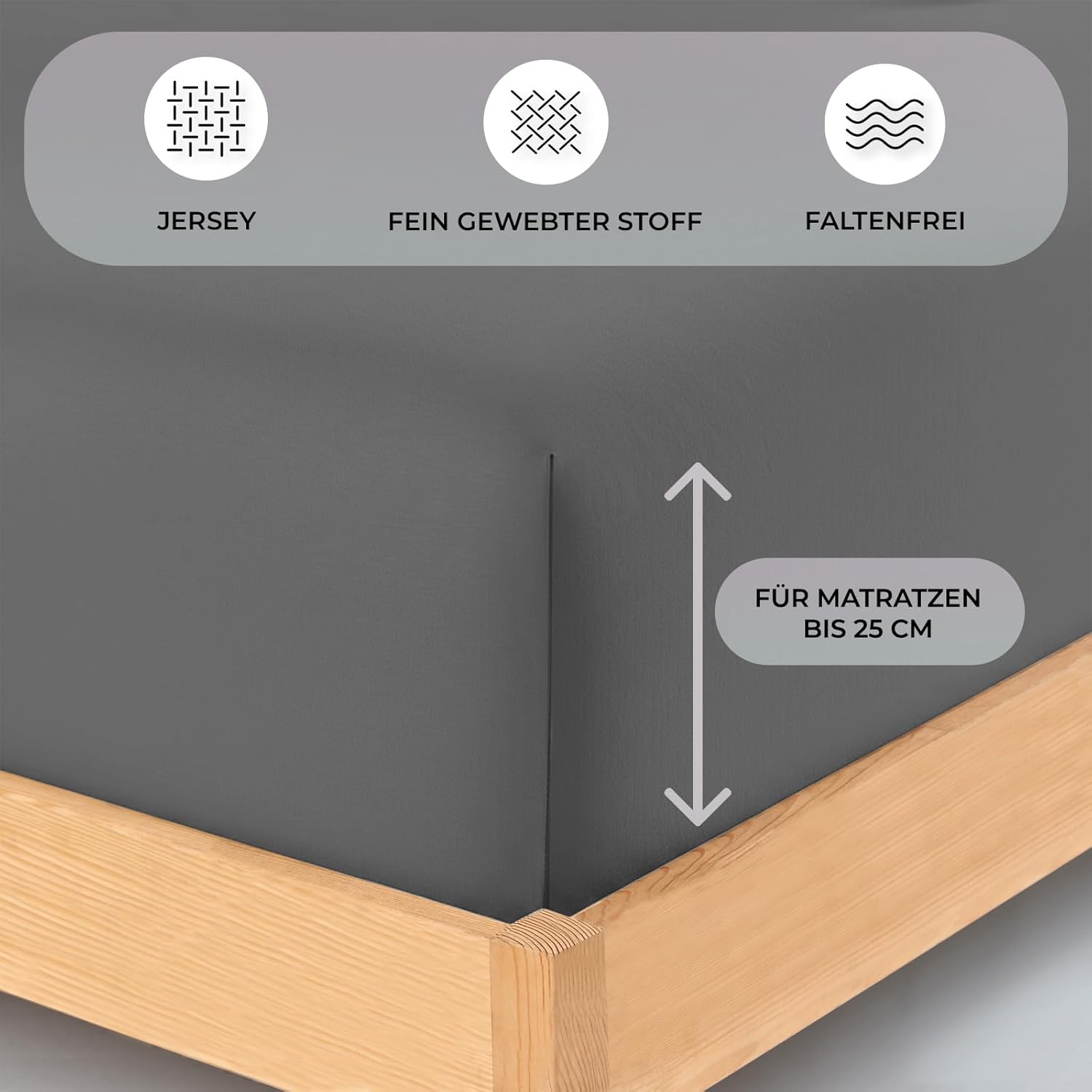 Thumbnail 2 de Buymax Spannbettlaken 90x200 cm aus 100% Baumwolle (Jersey) – Anthrazit-Grau, Matratzenhöhe bis 25 cm