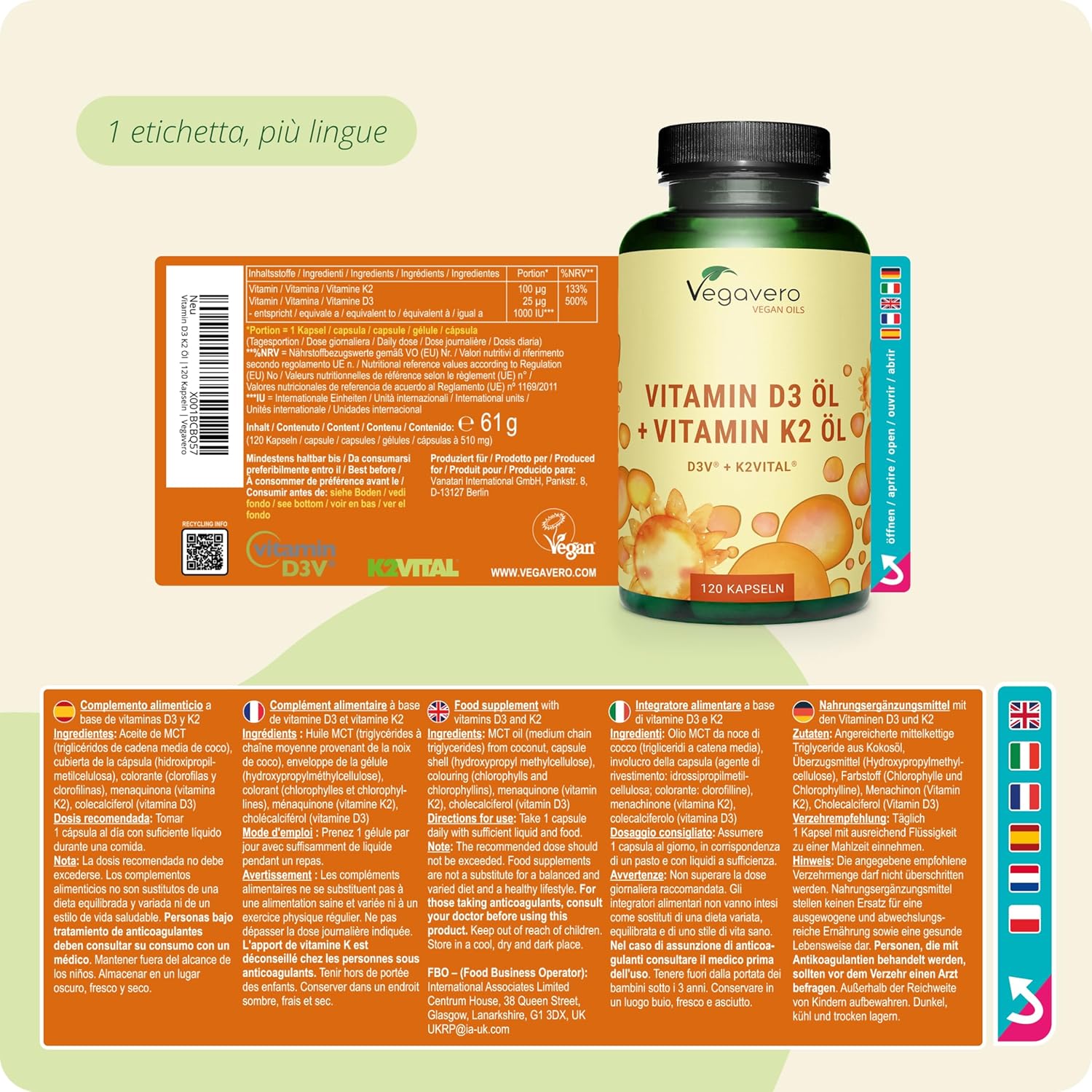 Detalle de Vitamina D3 + K2 MK7 VEGAN di Vegavero – 120 capsule, alta biodisponibilità e formula cruelty-free