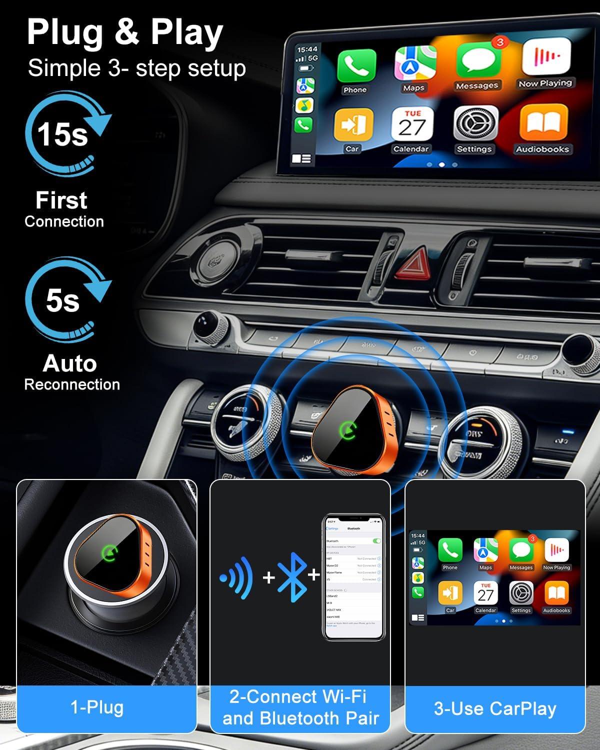 Detalle 2 de Wireless CarPlay Adapter UK 2026 Upgraded – Orange