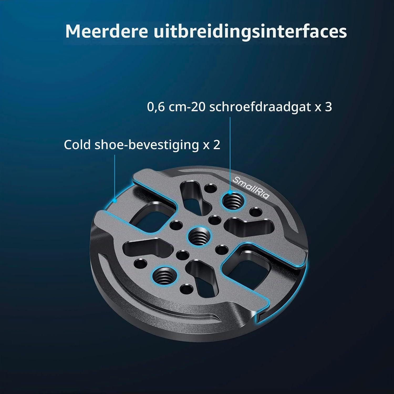 Detalle de SMALLRIG 5155 magnetische iPhone-montageplaat met cold shoe en 1/4"-20-gat