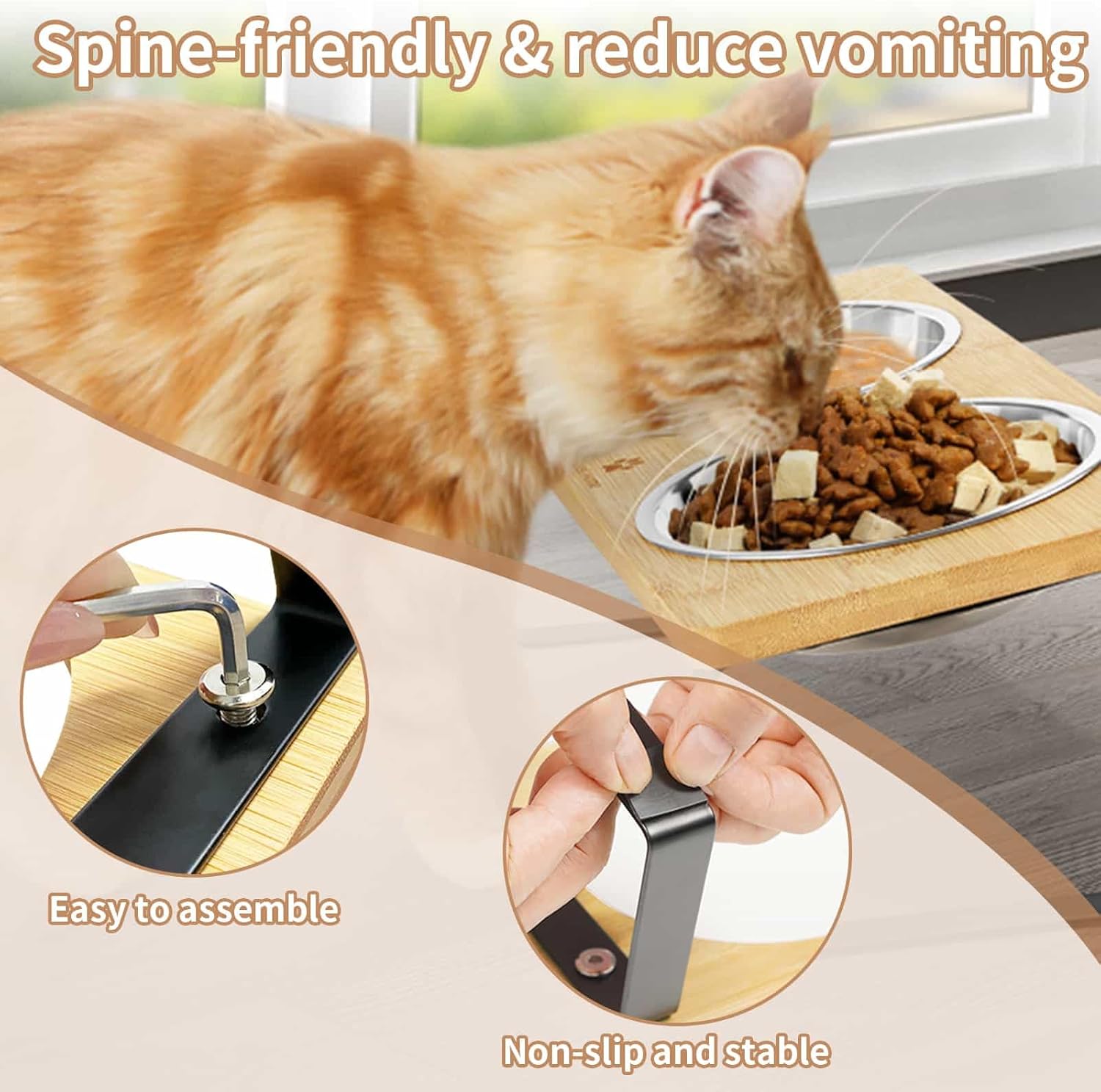 Detalle de Elevated Cat Food Bowls 15° Tilted Stainless Steel Raised Feeding Bowls with Wooden Stand