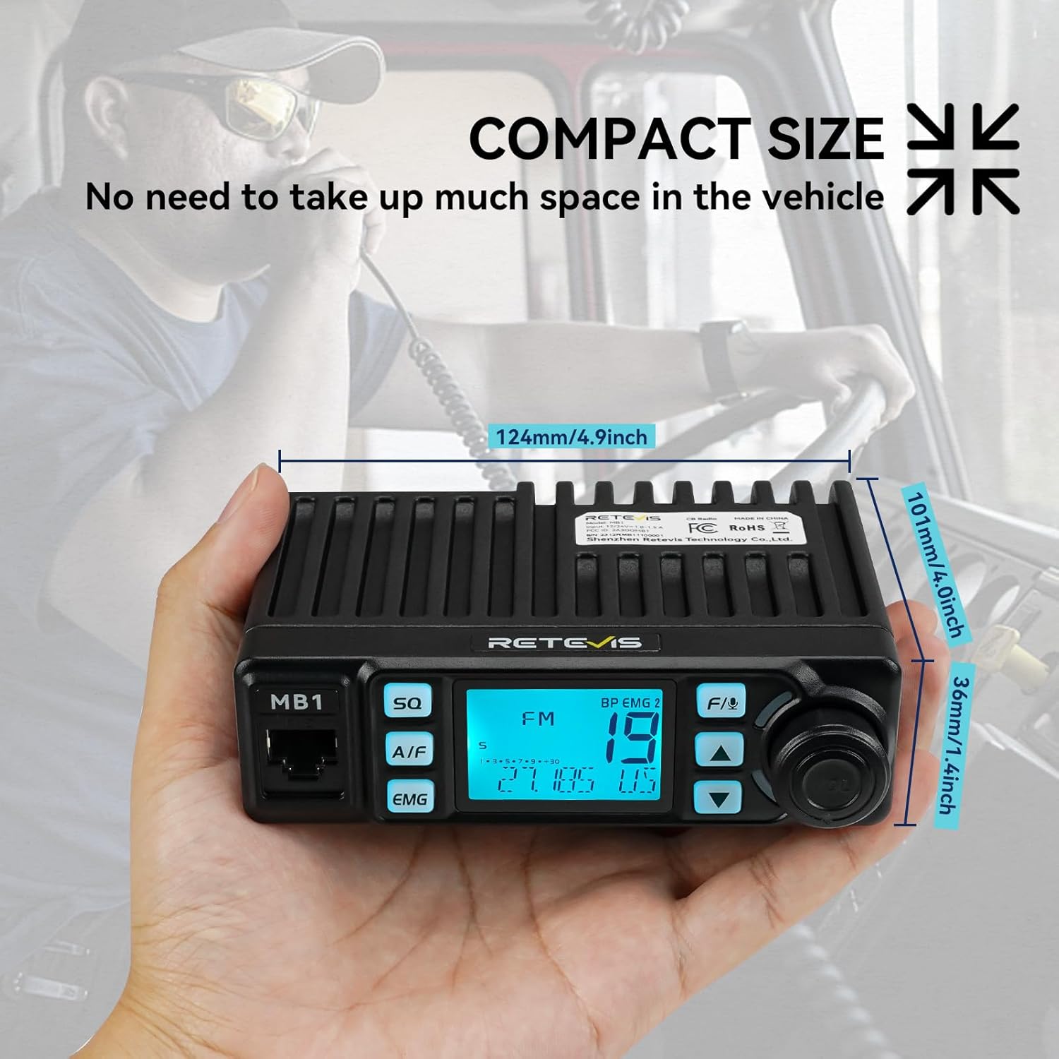 Detalle de Retevis MB1 40-Channel CB Radio Kit with Noise Cancellation, 7-Color Screen, and Antenna