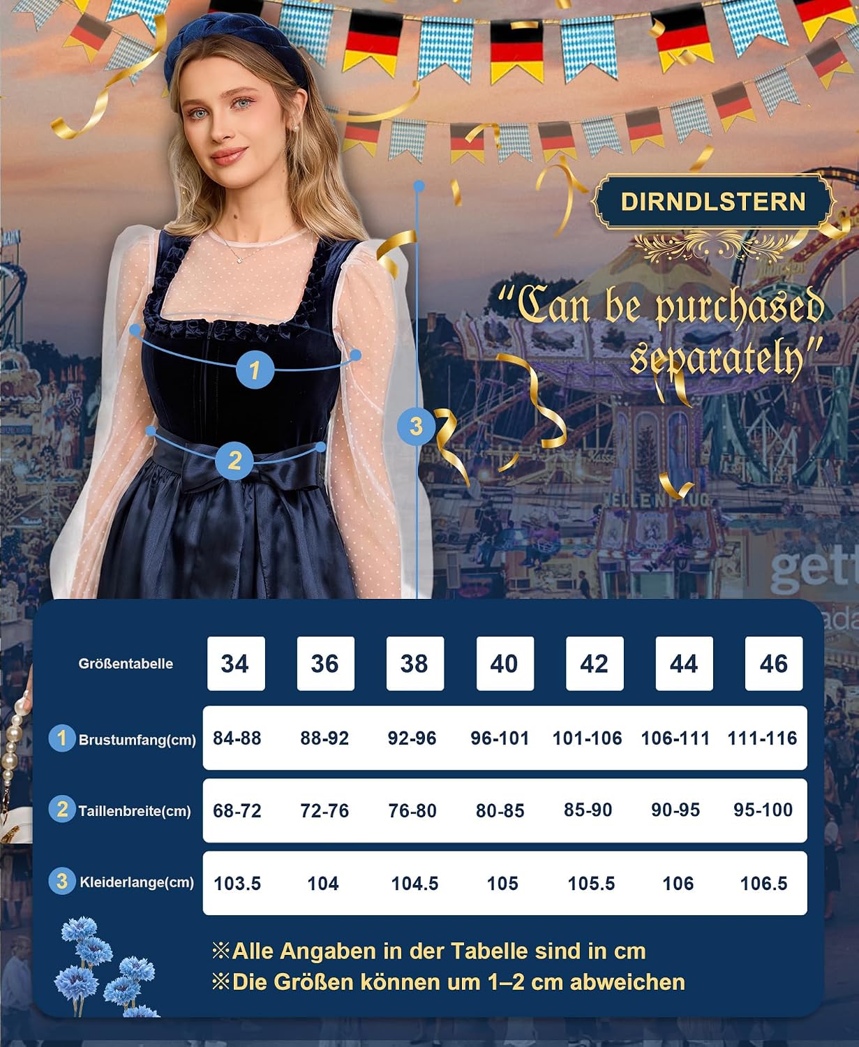 Thumbnail 4 de DIRNDLSTERN Damen Blau Samt – Dirndlkleid Midi 70 cm mit Reißverschluss