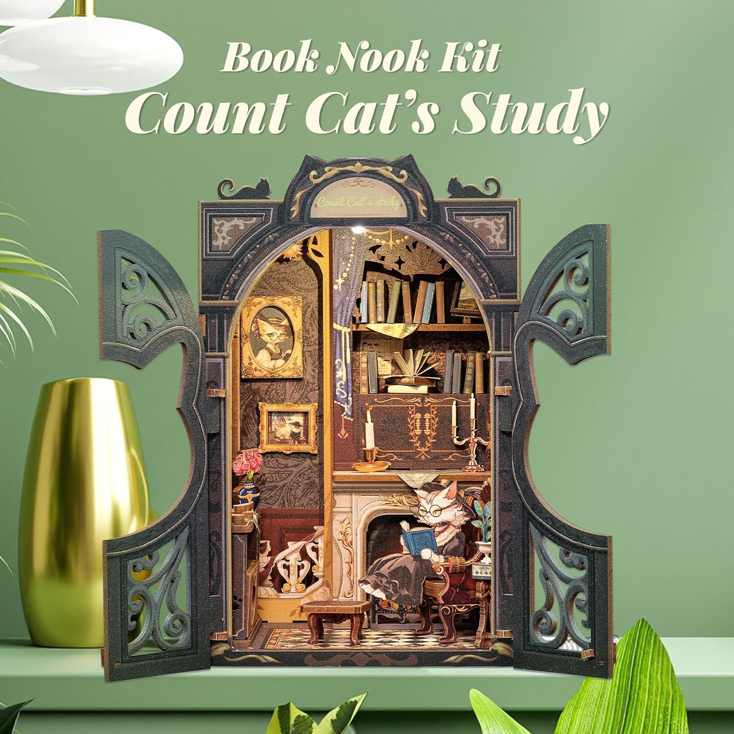 Detalle 2 de Fsolis Book Nook Kit Fai da Te: case per miniature con luci LED a forma di testa di gatto