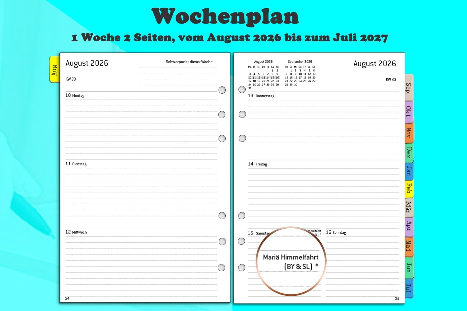 Thumbnail 3 de 2026/2027 Wochenplaner-Einlage A5 mit 6 Löchern – Kompatibel mit Filofax, August 2026 bis Juli 2027