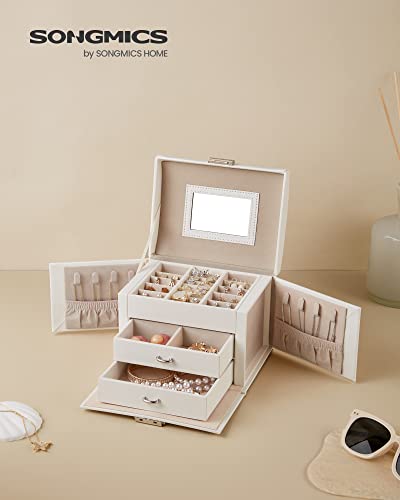 Detalle de Caja Joyero SONGMICS JBC154W01 de 3 niveles con asa, espejo y cerradura – Blanco clásico