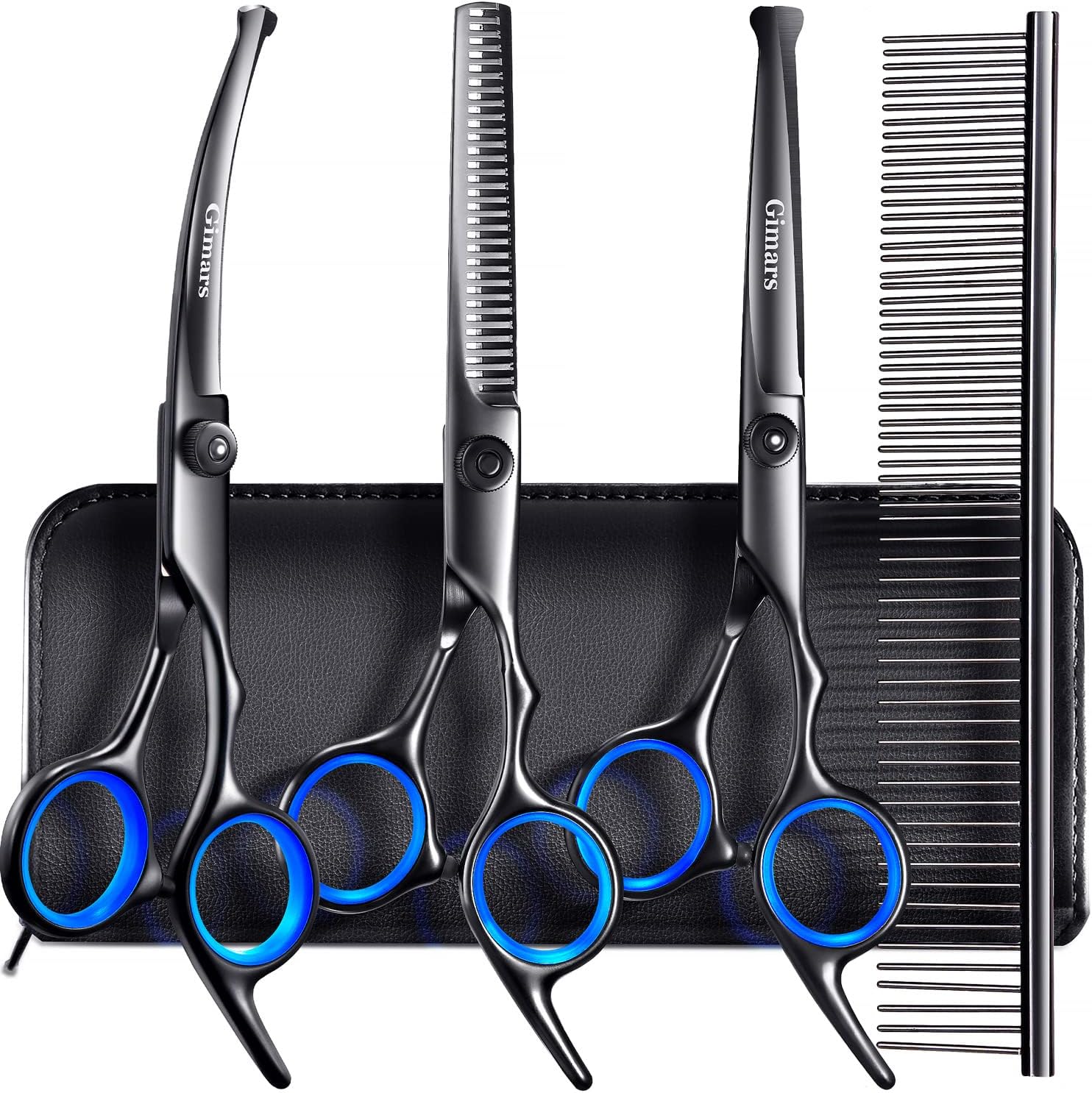 Detalle de Gimars 4C 5-in-1 Dog Grooming Scissors Kit with Safety Round Tips – 4CR Stainless, Titanium Coated (Black)