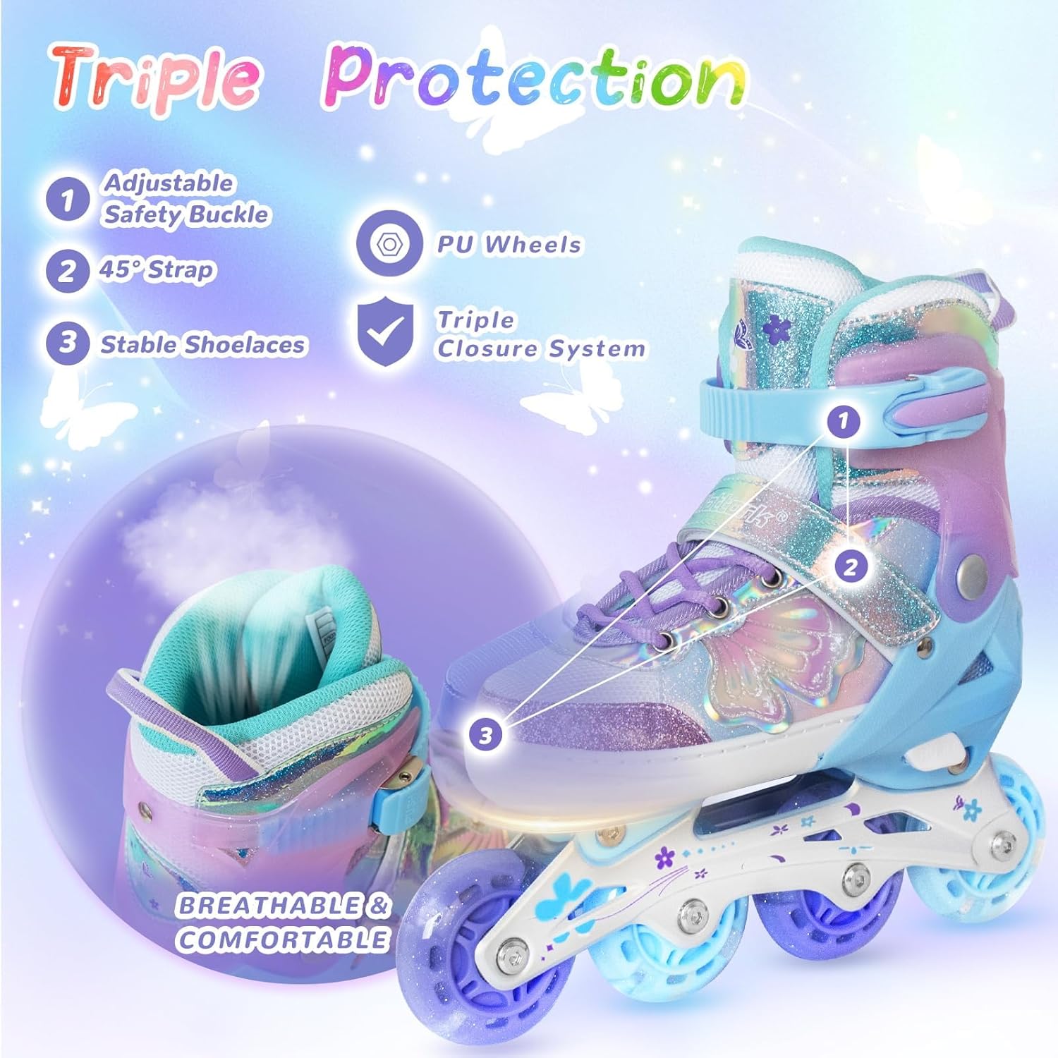 Thumbnail 1 de Nattork Kids Inline Skates: 4-Size Adjustable Butterfly Design with Light-Up Wheels