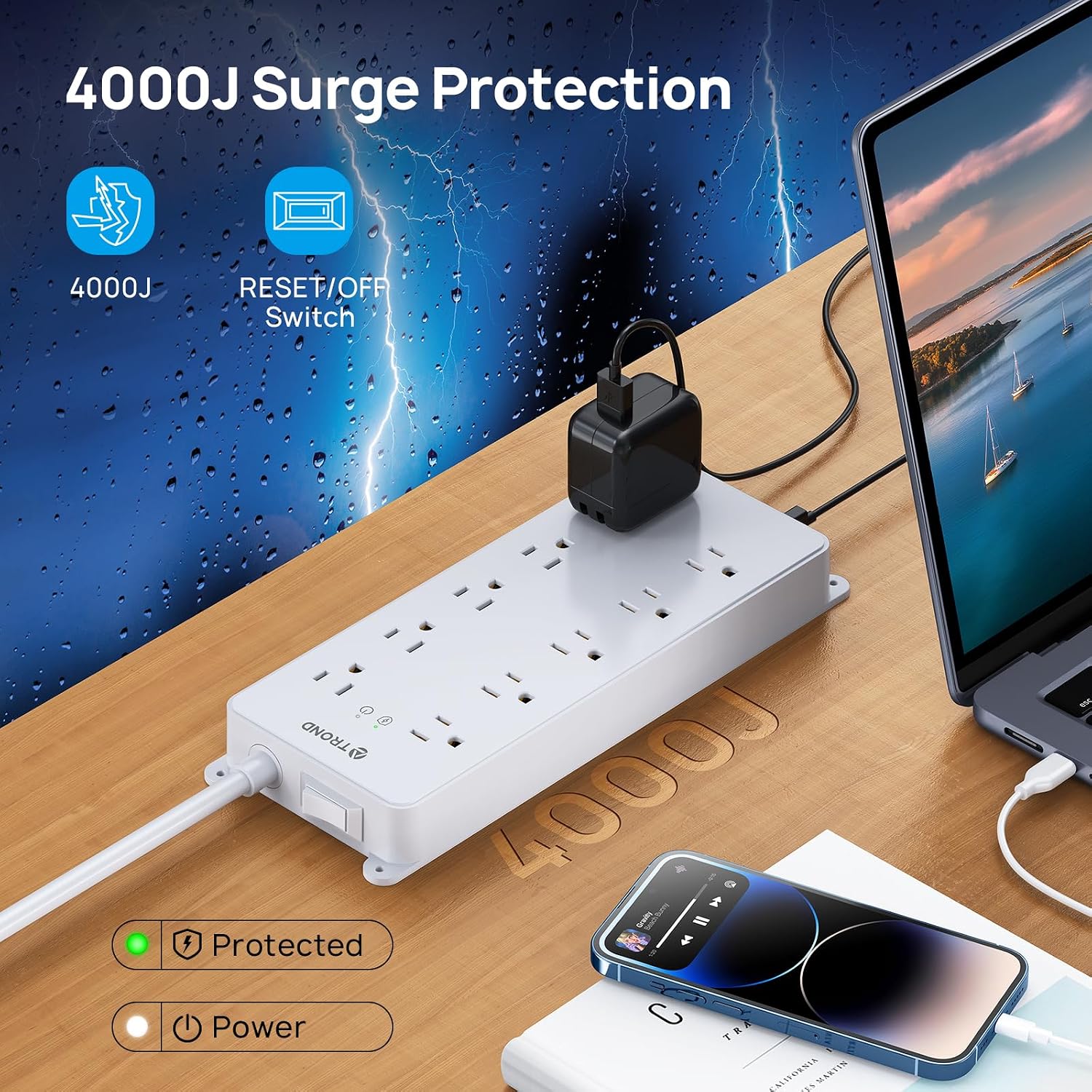 Detalle 2 de TROND Prime VIII Surge Protector Power Bar, 10 Outlets, 4 USB Ports