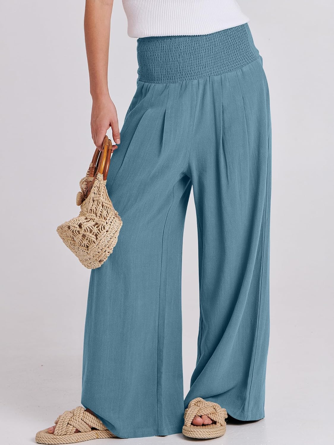 Thumbnail 1 de ANRABESS Women’s Linen Palazzo Pants (Smocked High Waist, Wide-Leg, Pockets) for Summer Beach & Travel