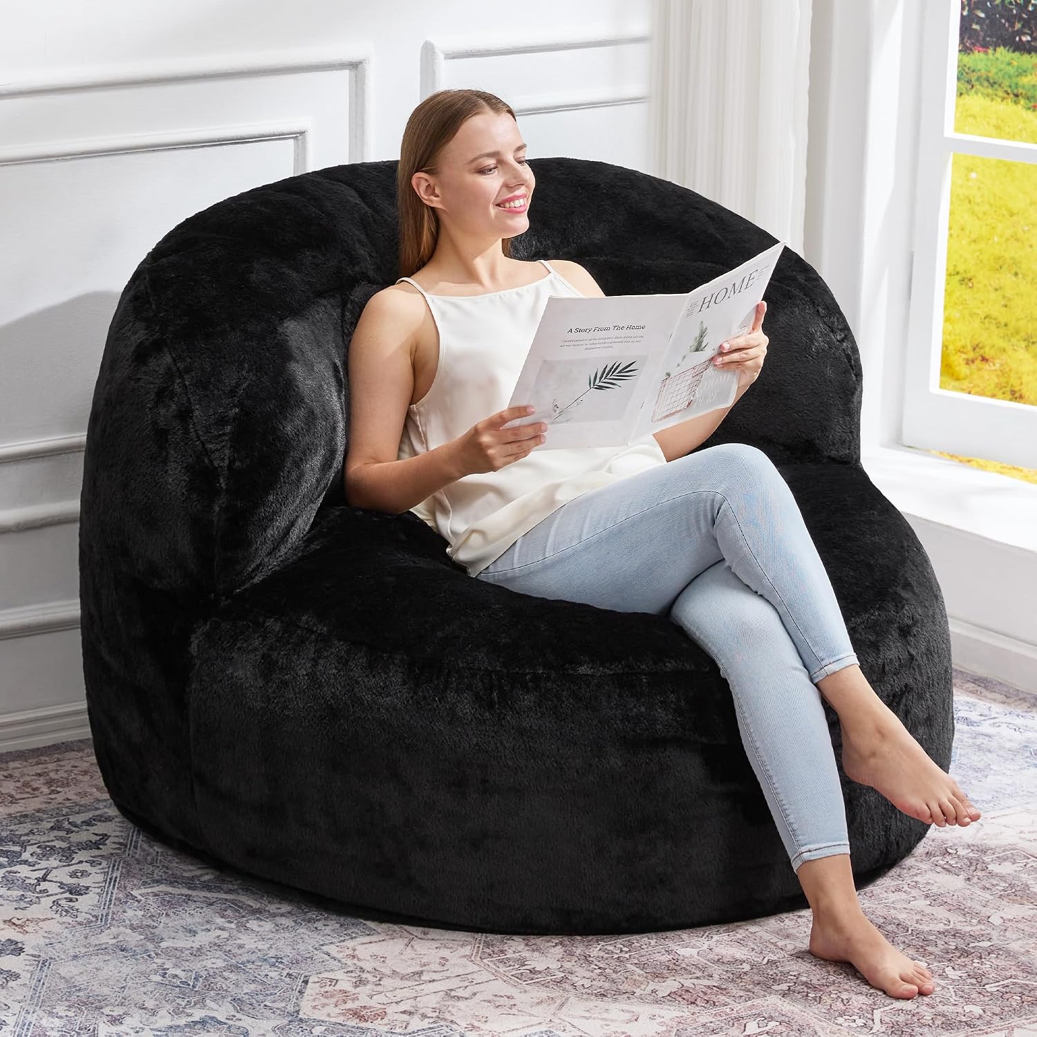 Detalle de Hobestluk Oversize Bean Bag Chair with Memory Foam and Black Faux Fur