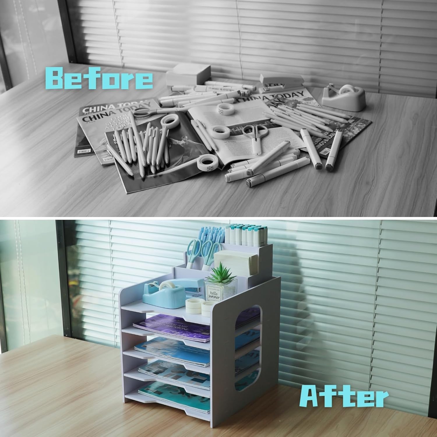 Thumbnail 5 de Bacs à courrier empilables 5 niveaux (A4) en bois-plastique pour bureau et salle de classe