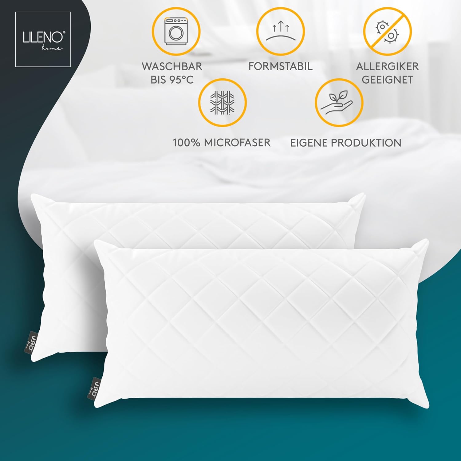 Detalle de LILENO HOME 2er Set Kissenfüllung 40 x 80 cm – 95°C waschbar, ideal für Allergiker