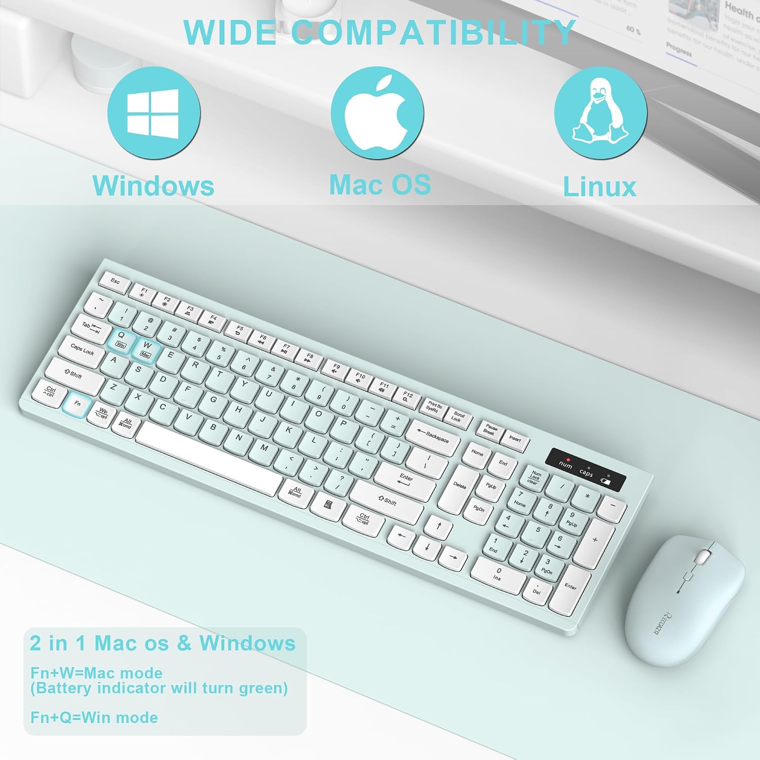 Detalle 1 de RECCAZR Wireless Keyboard and Mouse Combo, Full-Size, Quiet, Mint Green