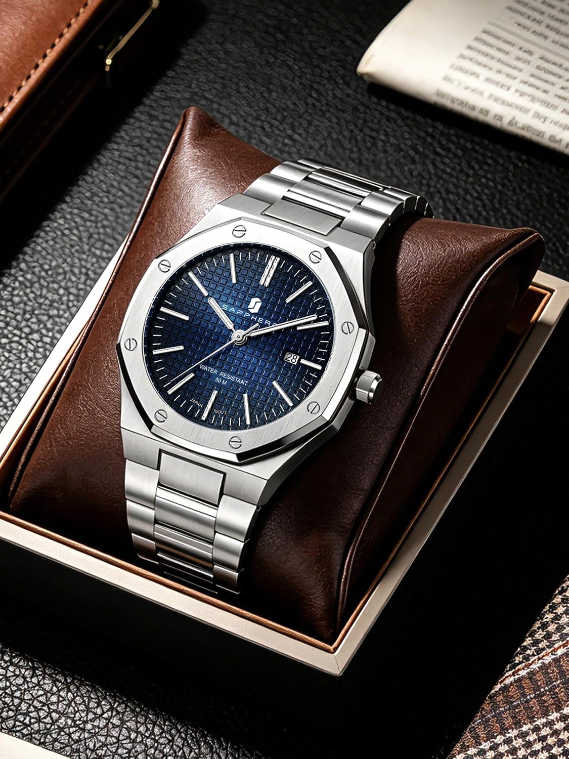 Detalle de SAPPHERO Orologi Uomo Ottagonale 10ATM impermeabile quarzo in acciaio inox