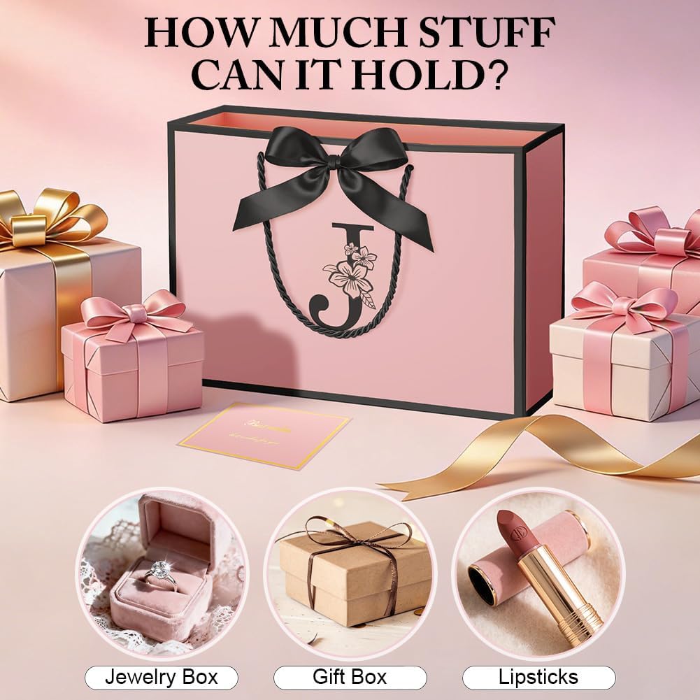 Thumbnail 3 de Vicloon Birthday Gift Bag, Pink and Black Letter J, with Bow and Card