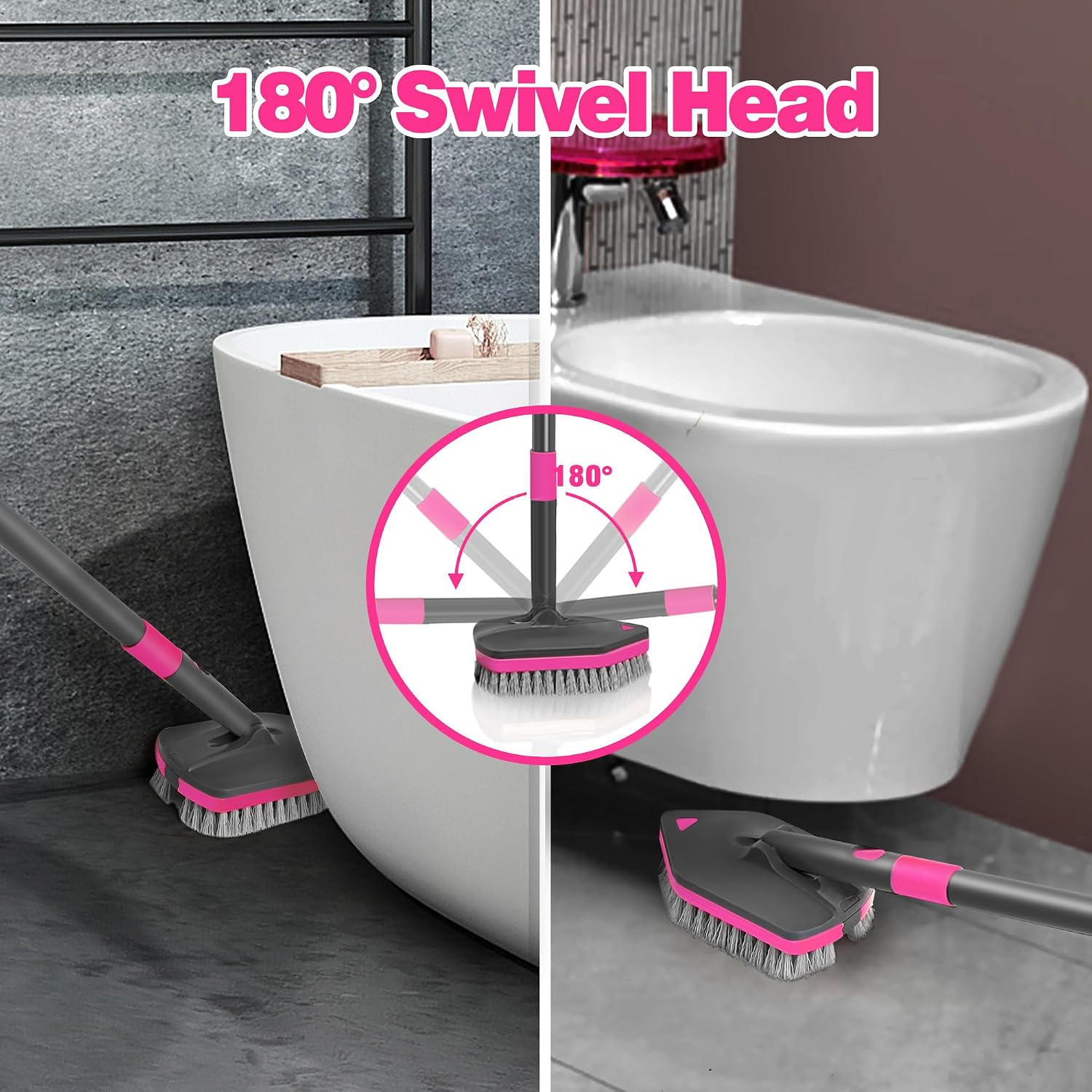 Detalle de NEWE telescopic bathroom cleaning brush with rotating 180° head and 4 scrub heads (grey/red) for tubs, tiles and toilets