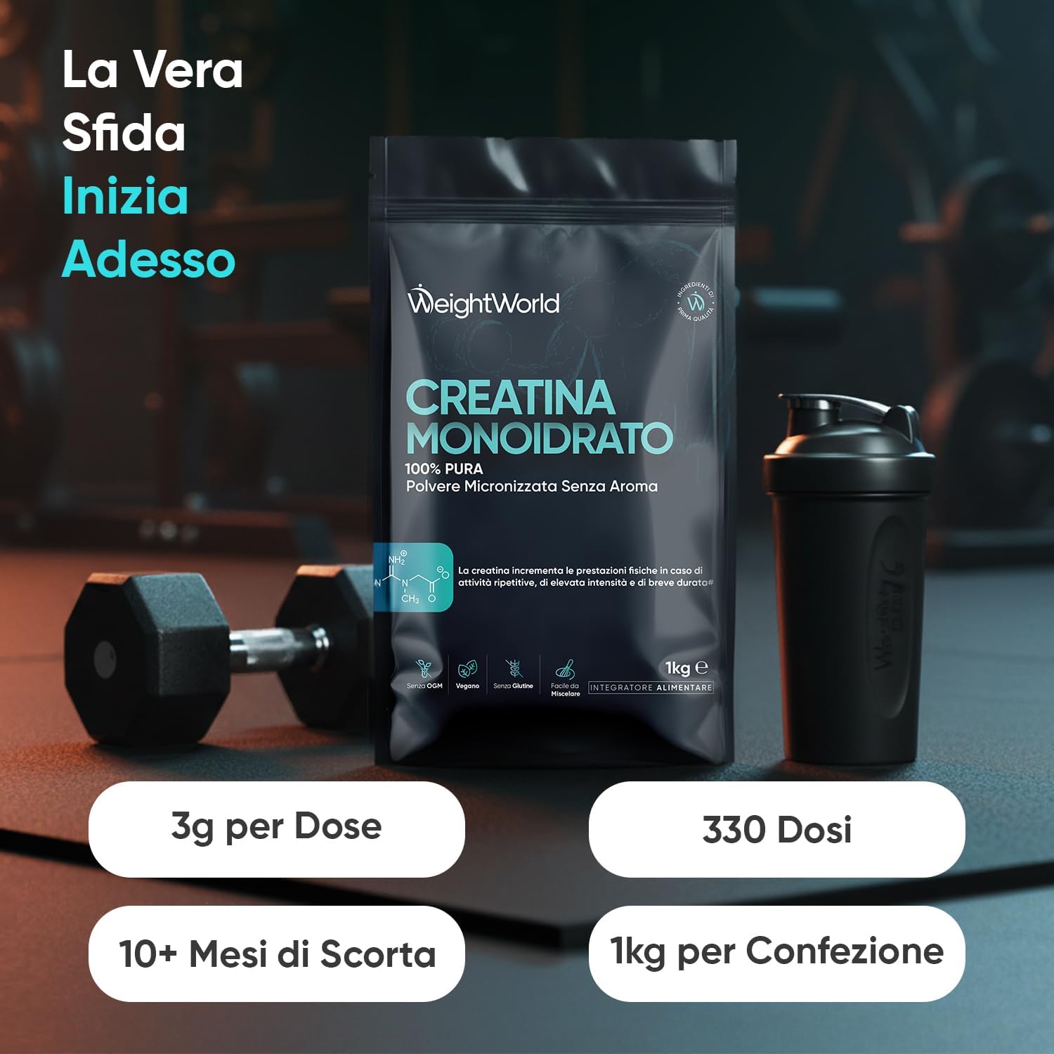 Thumbnail 1 de Creatina Monoidrata in Polvere WeightWorld 1kg – 100% Pura e Vegana, 3000 mg per dose