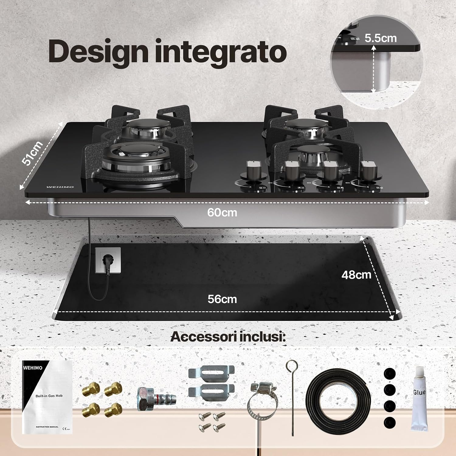 Thumbnail 1 de WEHIMO Piano Cottura a Gas 4 Fuochi da Incasso 60 cm – Vetro Nero, 7800W, Protezione Flame-Out