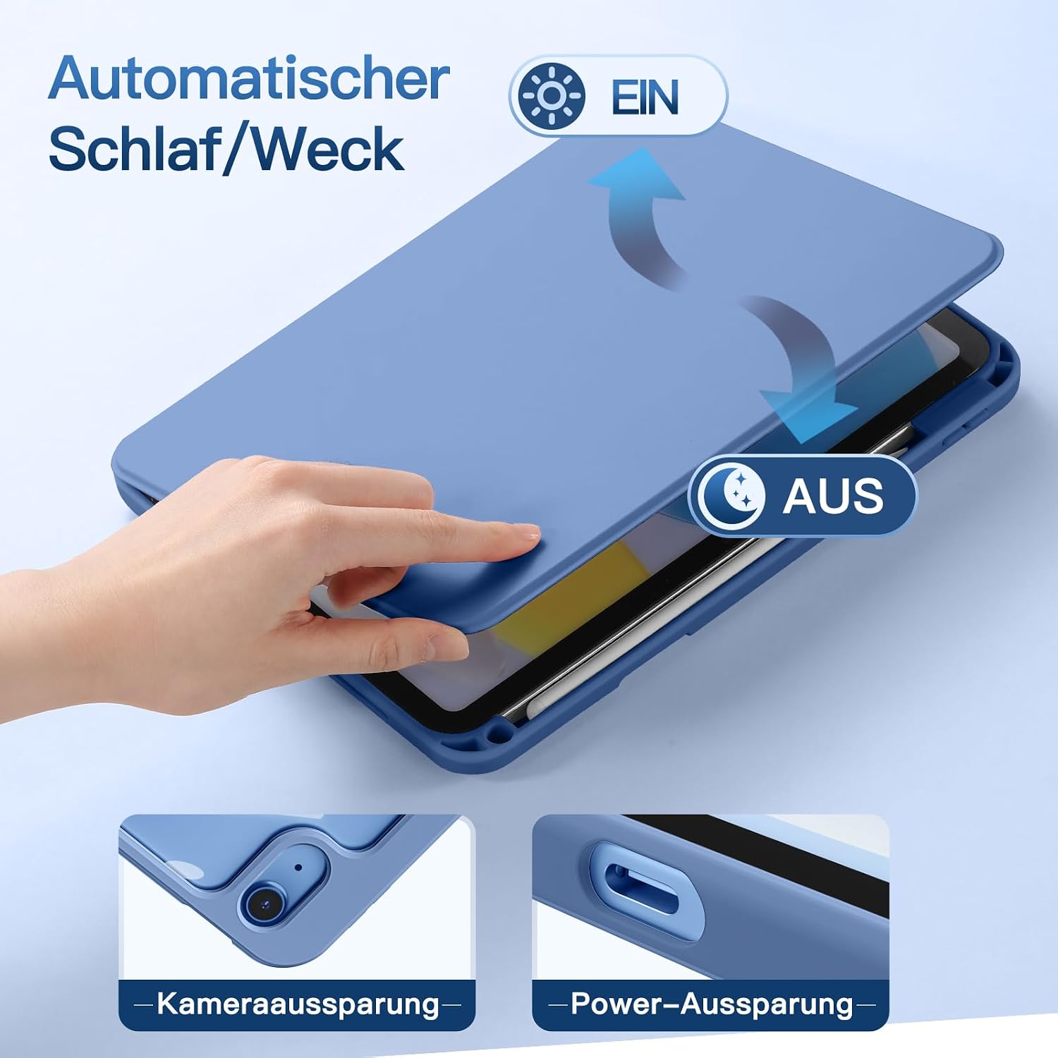 Detalle 2 de drivego 360° drehbare Hülle für iPad (A16) – magnetisch, abnehmbar, mit Stifthalter, transparentem Hart-PC-Backcover, blau