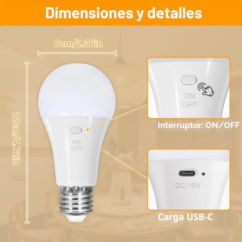 Detalle de Dehobo Bombillas Recargable con Mando y Cronómetro — 7W, E27, 3 Temperaturas de Color y Control USB-C