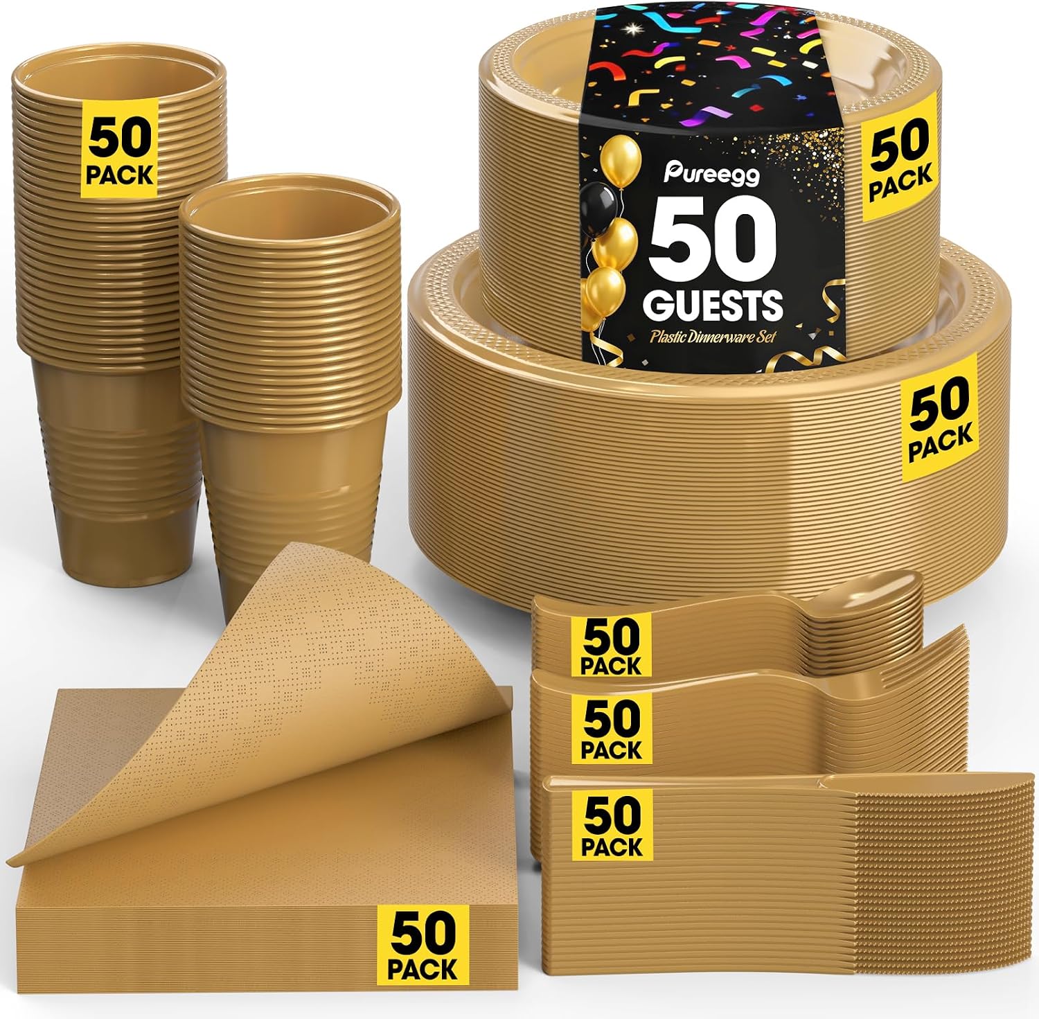 Detalle de Pureegg US.PEP0PZ002 Gold Disposable Dinnerware Set, 350 Pieces for 50 Guests