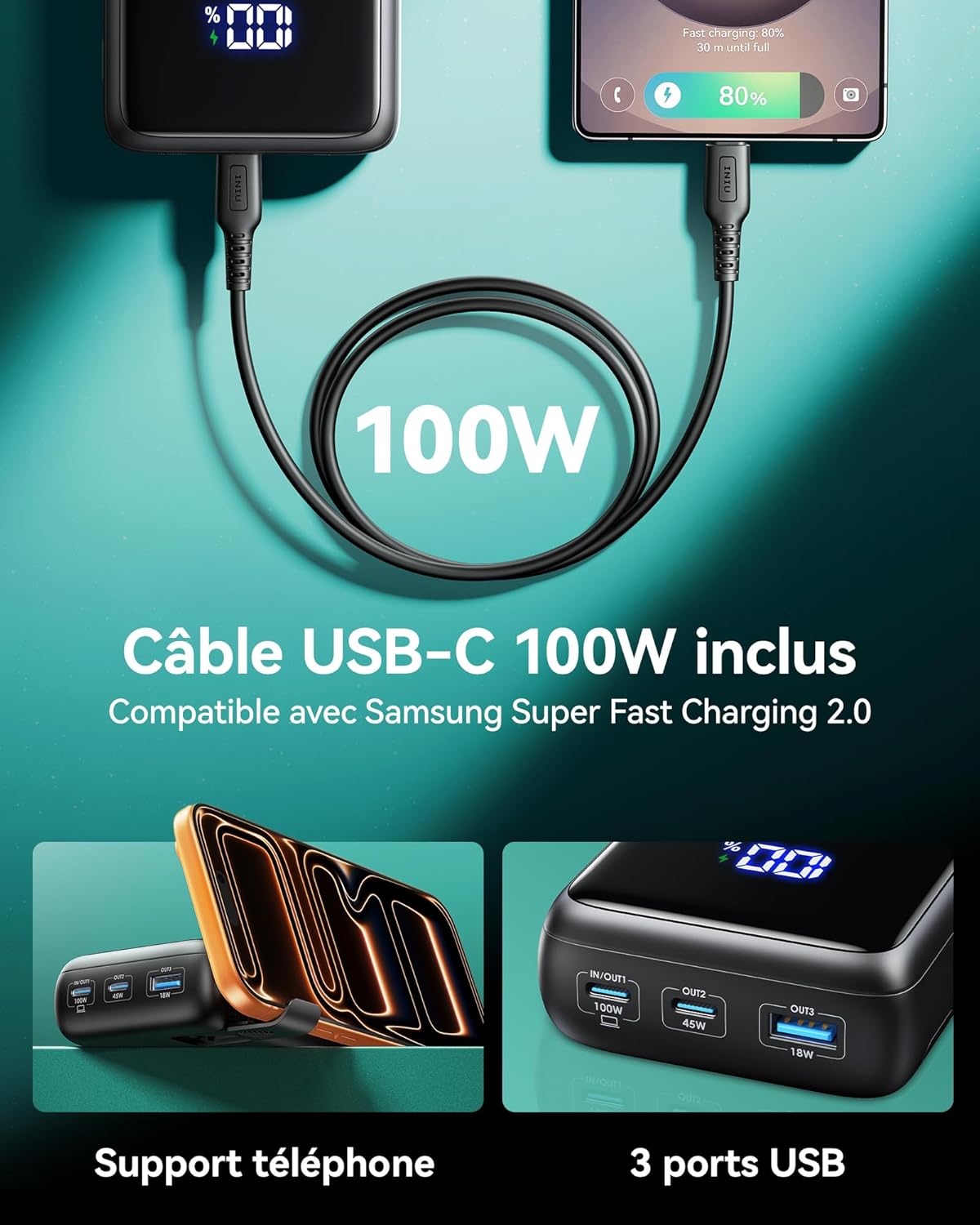 Detalle 2 de INIU Batterie 25000mAh 100W pour PC portable