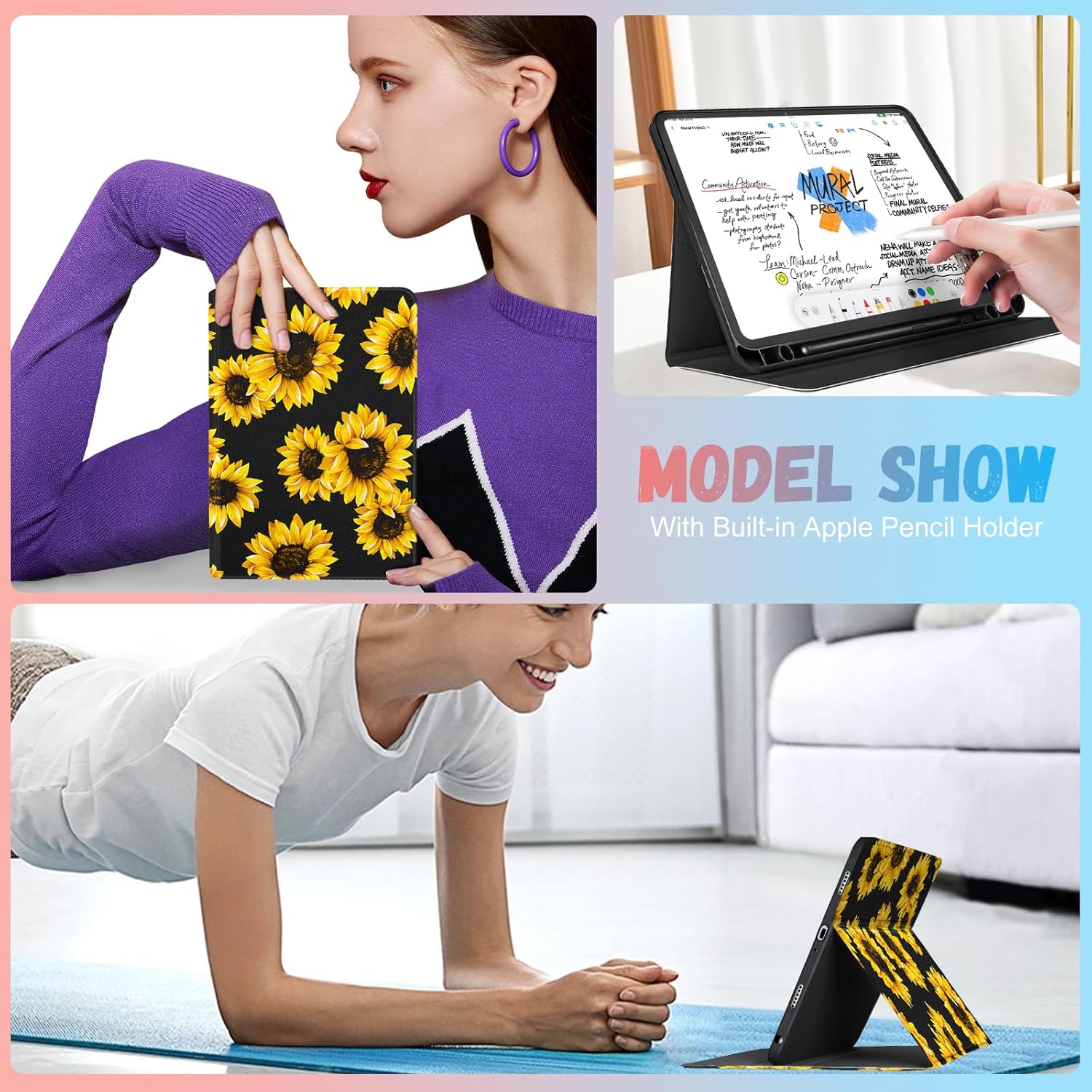 Thumbnail 5 de SurgeCraft Galaxy Tab A9 Plus / A9+ Folio Case 11" – Sunflower Black, Girly Pencil Holder, Auto Wake/Sleep