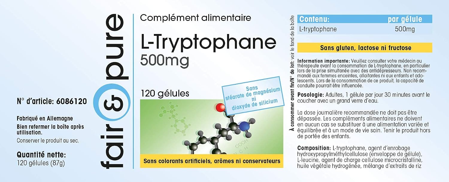 Detalle de Fair & Pure L-Tryptophan 500 mg — 120 Kapseln Hochdosiert, ohne Zusatzstoffe, in Deutschland hergestellt