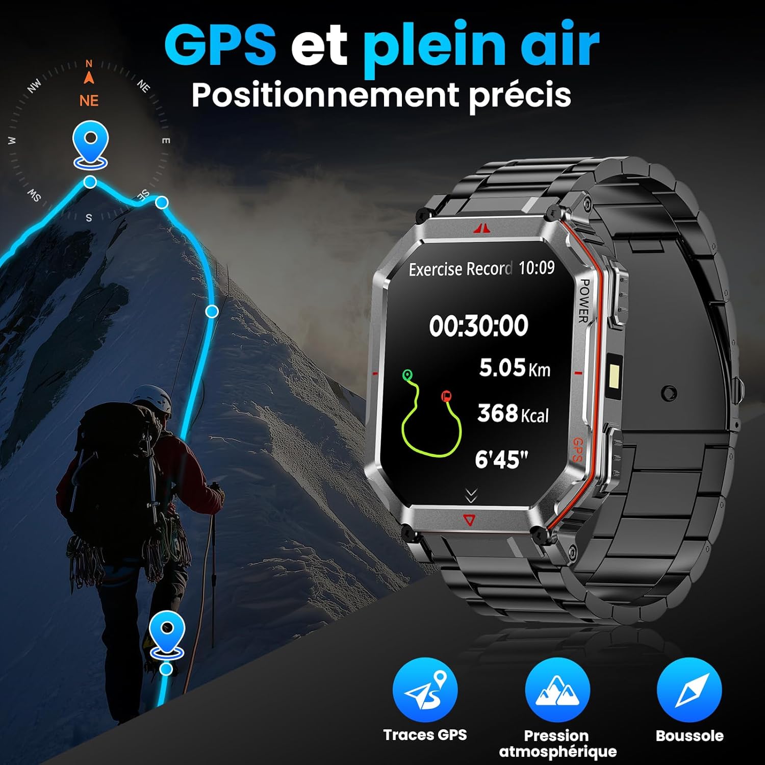 Detalle de Mingdaln Montre Intelligente Militaire en Acier – GPS, Boussole et Assistant Vocal GPT (Noir, 2,01")